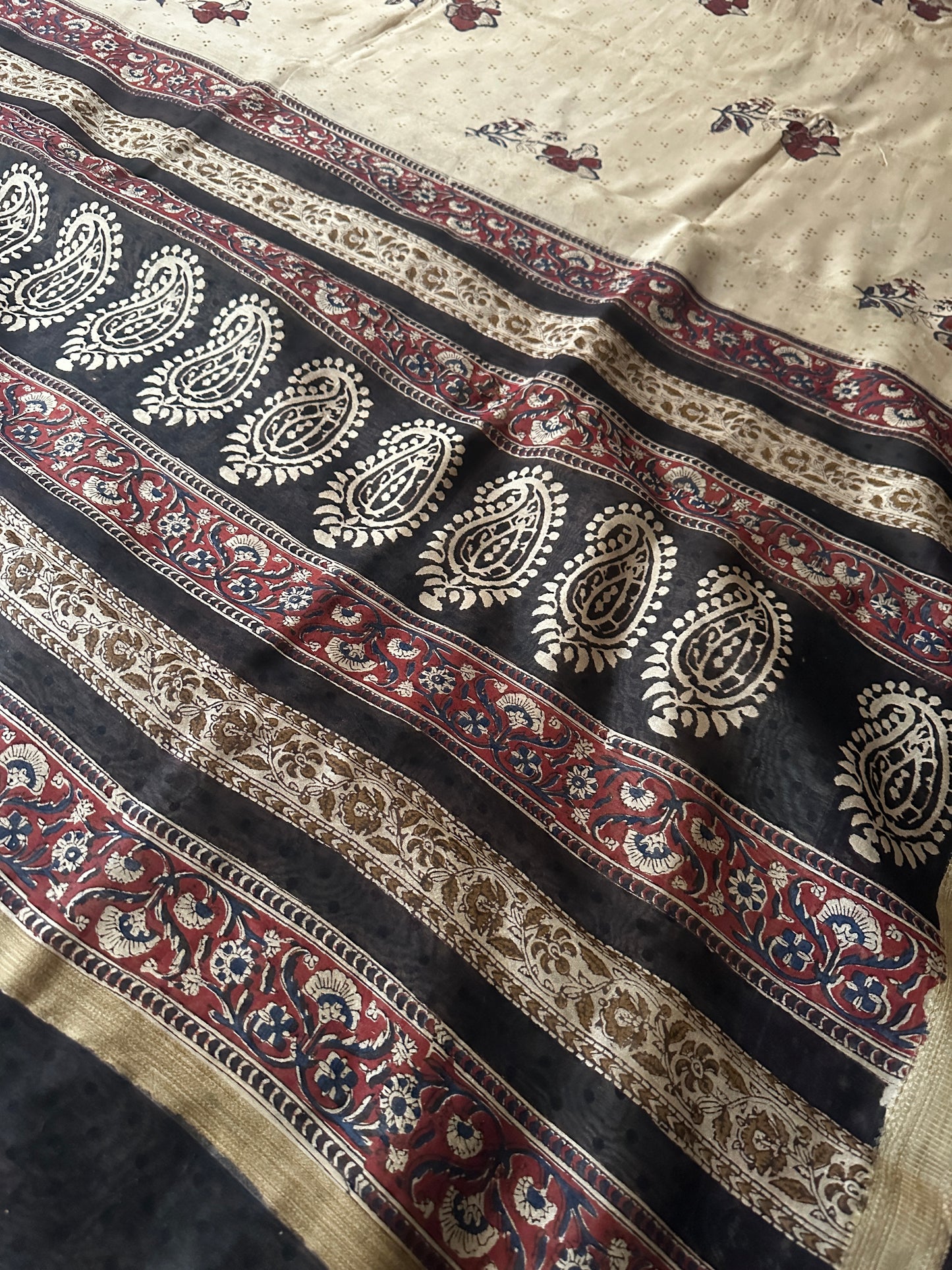 Cream Sanganeri Handblock Print Chanderi Silk Saree