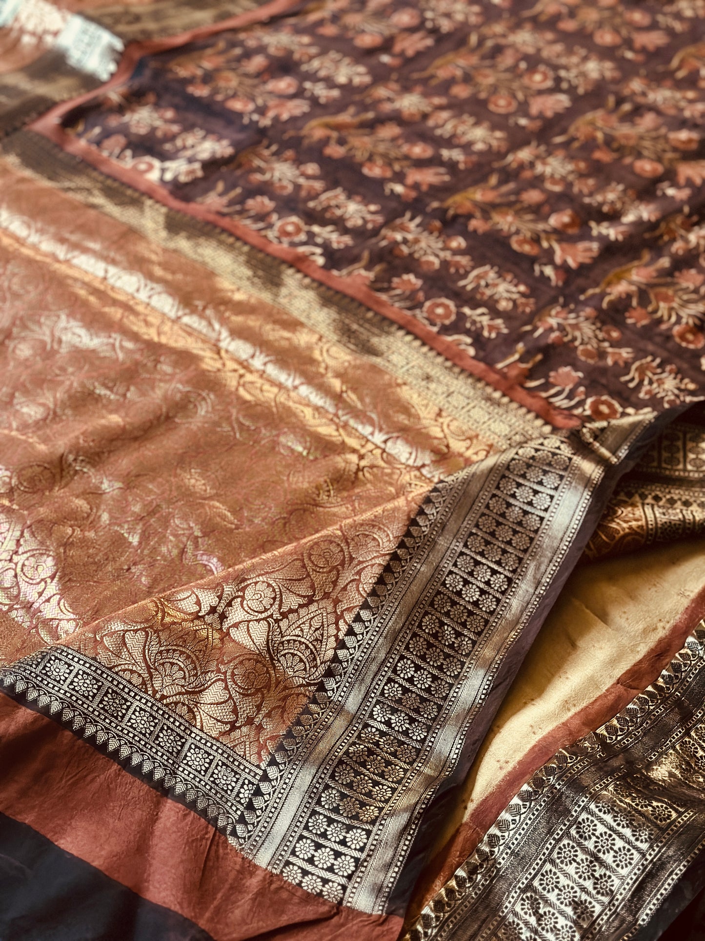 Brown Handblock Print Chanderi Silk Saree with Thick Zari Woven Border & Rich Zari Pallu
