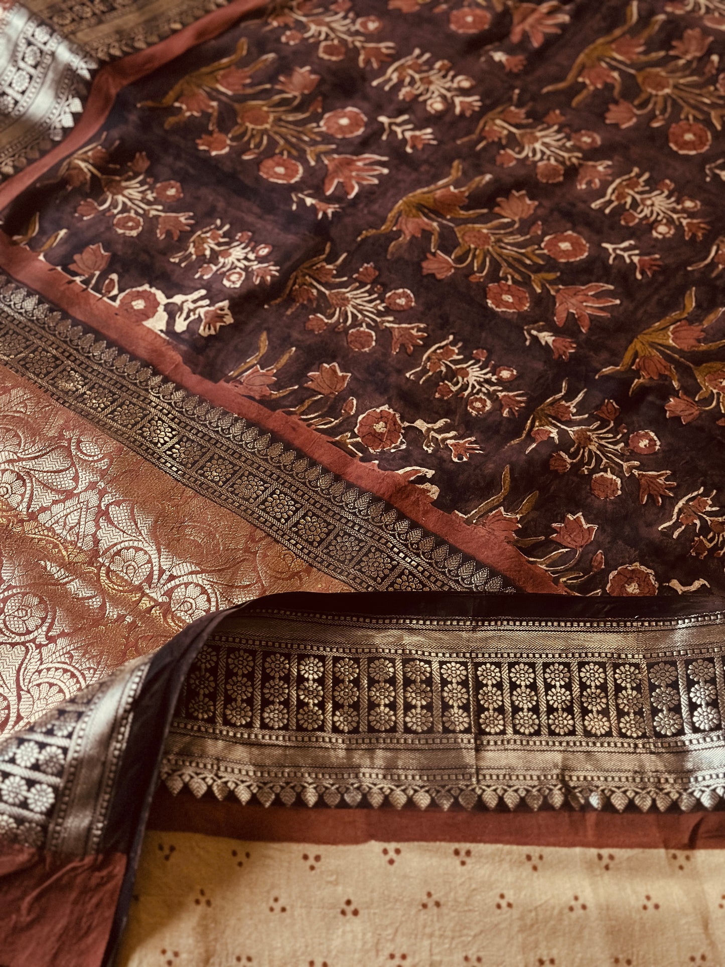 Brown Handblock Print Chanderi Silk Saree with Thick Zari Woven Border & Rich Zari Pallu