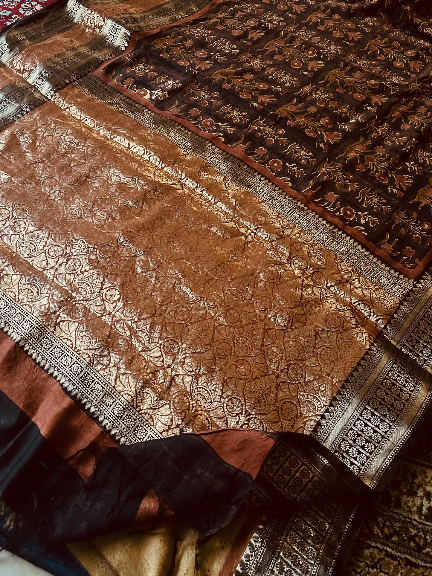 Brown Handblock Print Chanderi Silk Saree with Thick Zari Woven Border & Rich Zari Pallu
