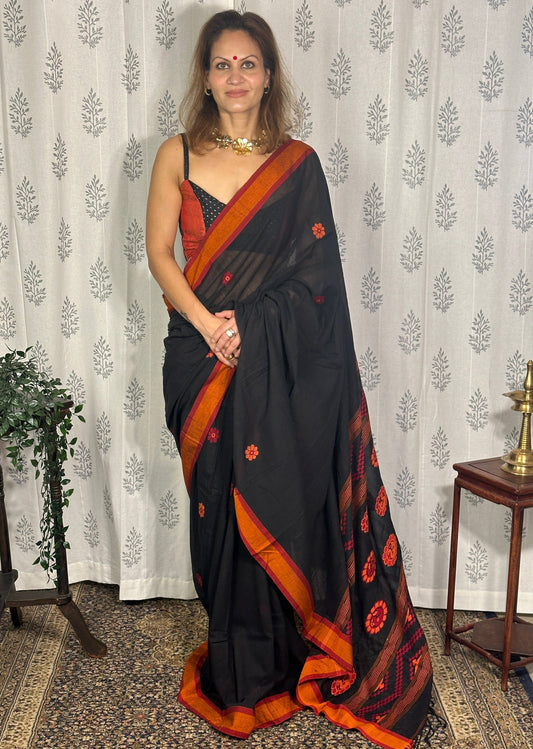 Black Baluchari Sari with Handwoven Design, Floral Butis, & Zari Border