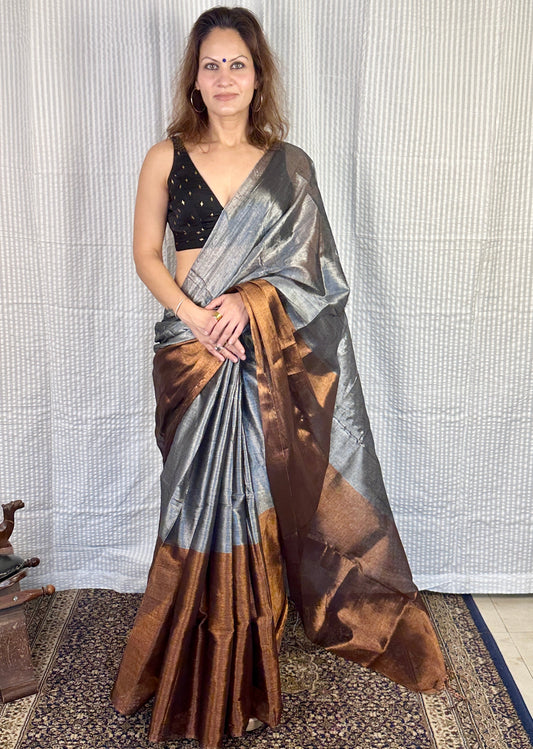 Dual Coloured Silver & Copper Pure Mul Mul Handwoven Tissue Cotton Saree