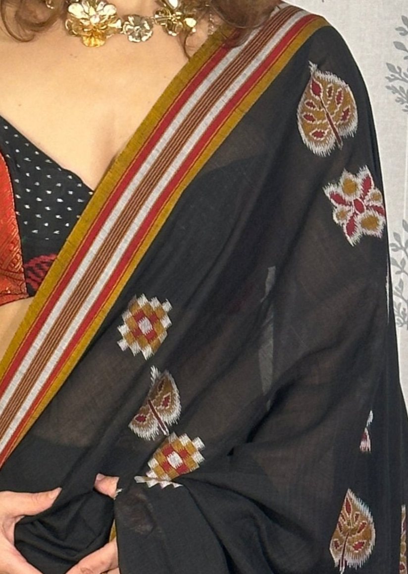 Black Mercerised Soft Cotton Sambhalpuri Weaving Jamdani Saree