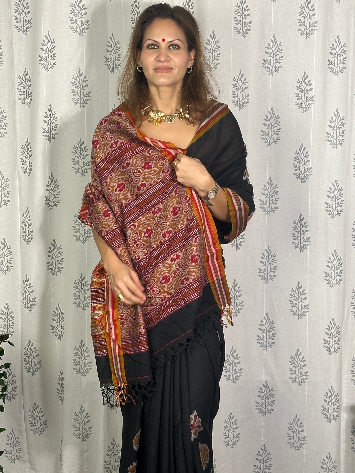 Black Mercerised Soft Cotton Sambhalpuri Weaving Jamdani Saree
