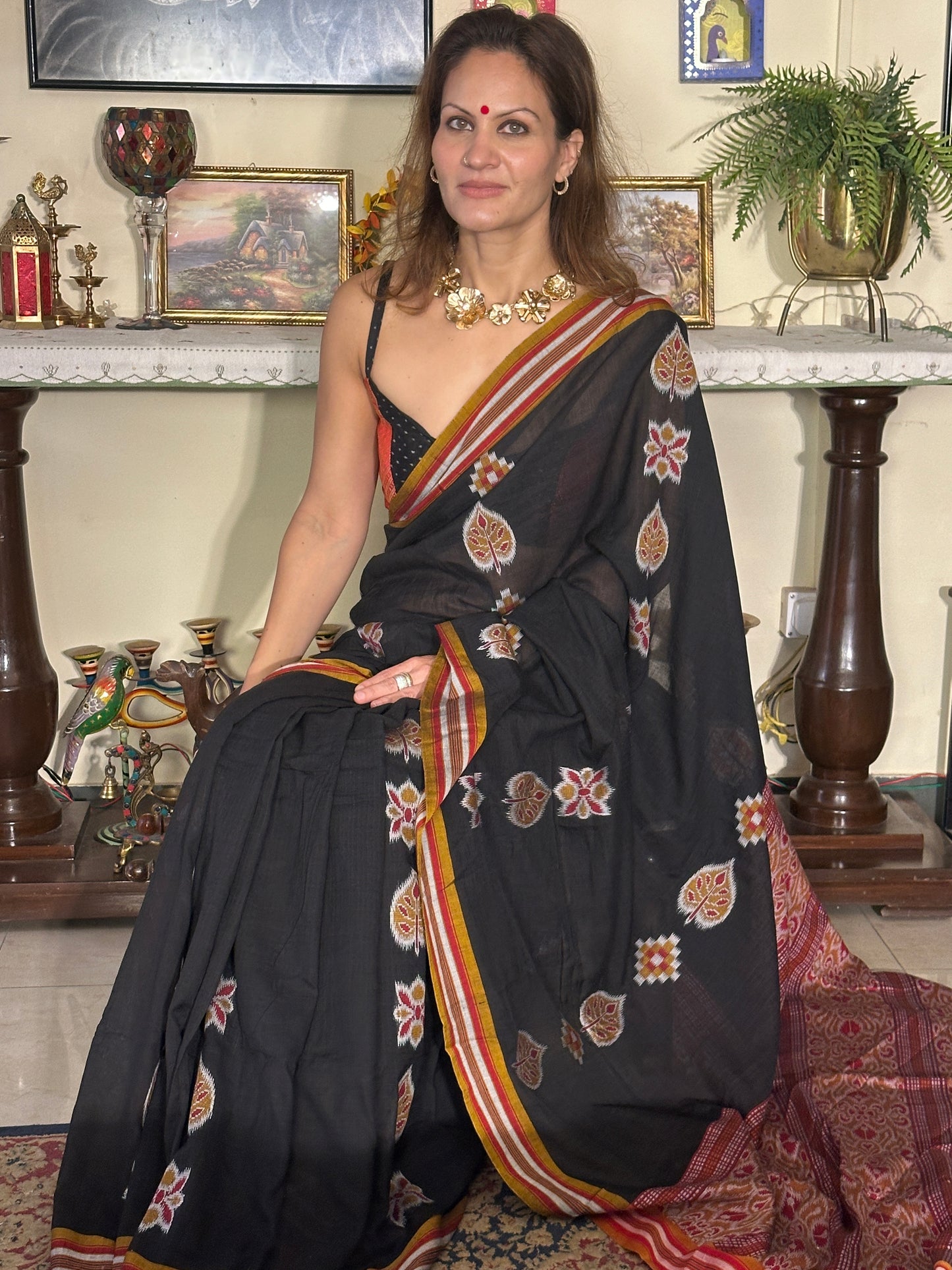 Black Mercerised Soft Cotton Sambhalpuri Weaving Jamdani Saree