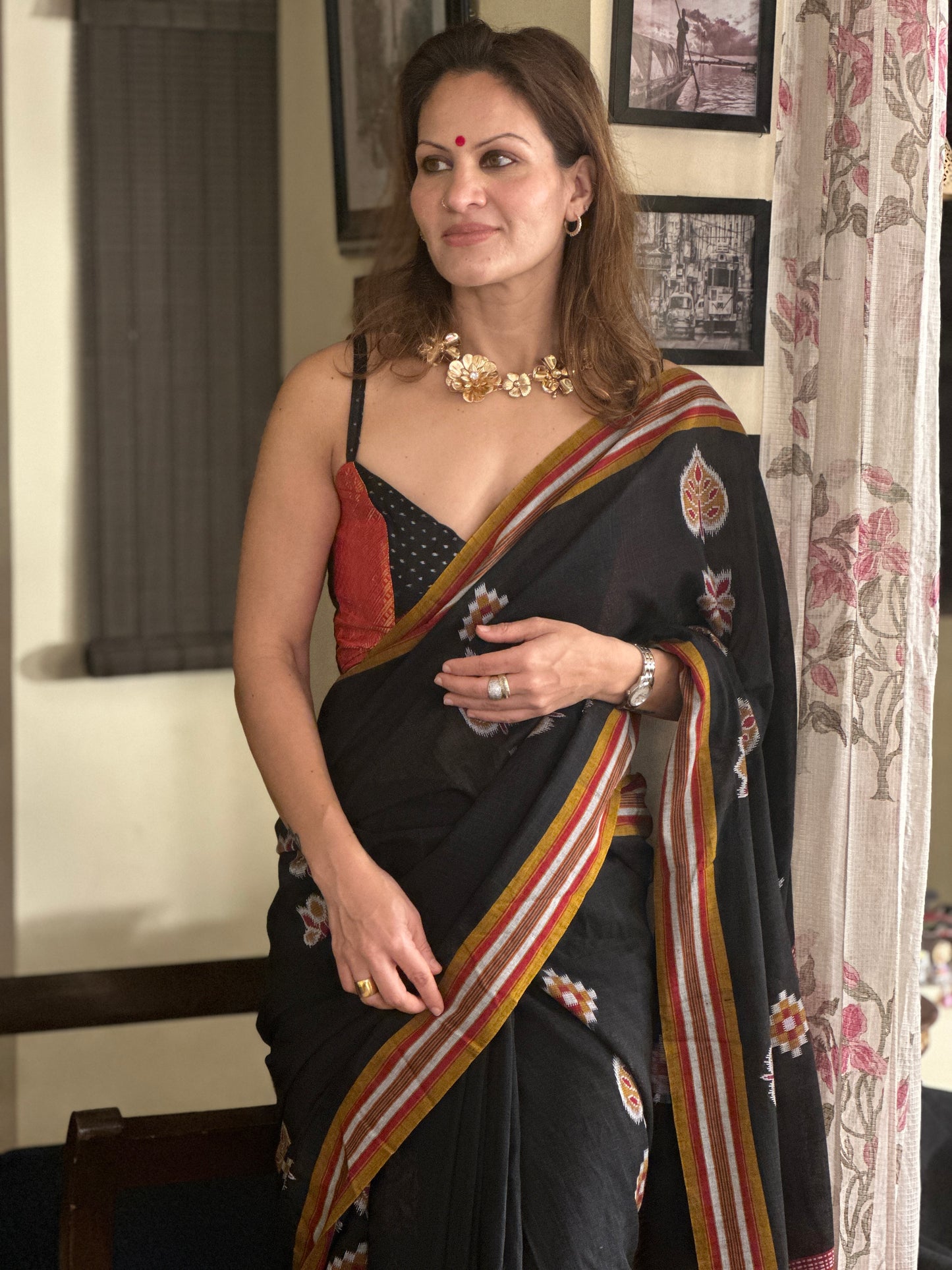 Black Mercerised Soft Cotton Sambhalpuri Weaving Jamdani Saree