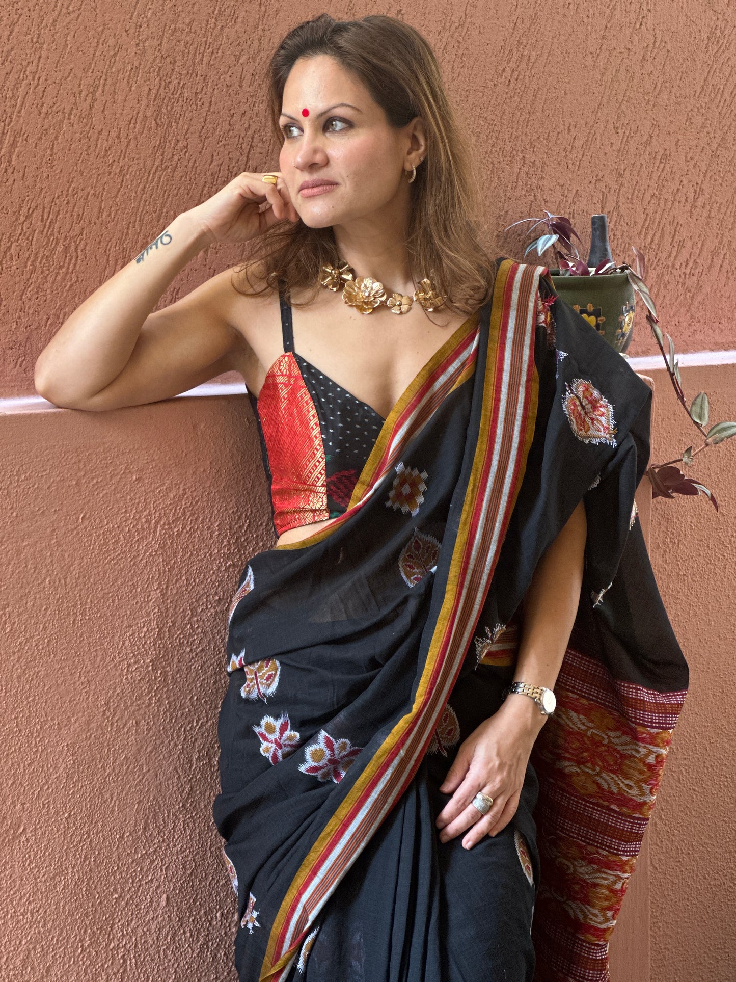 Black Mercerised Soft Cotton Sambhalpuri Weaving Jamdani Saree