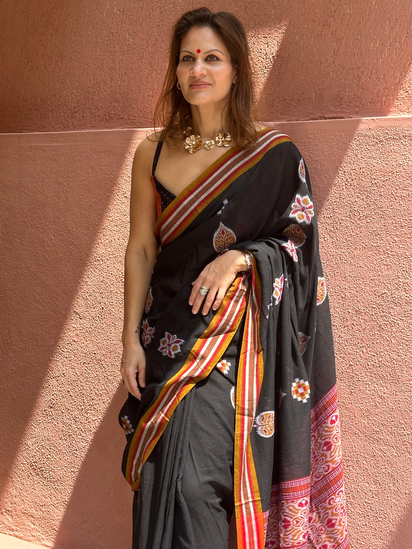 Black Mercerised Soft Cotton Sambhalpuri Weaving Jamdani Saree