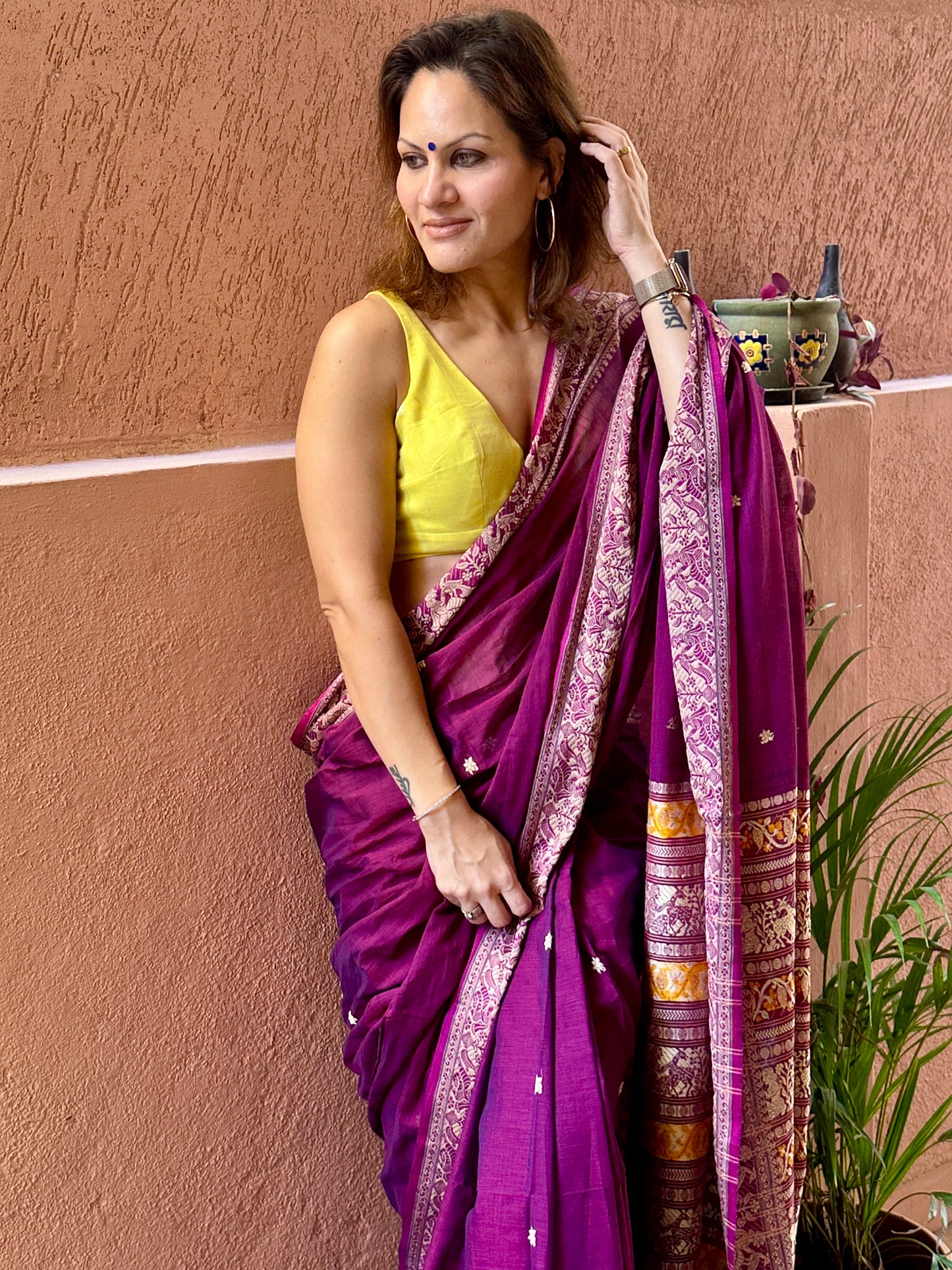 Magenta Pure Cotton Baluchari Saree with Weaving