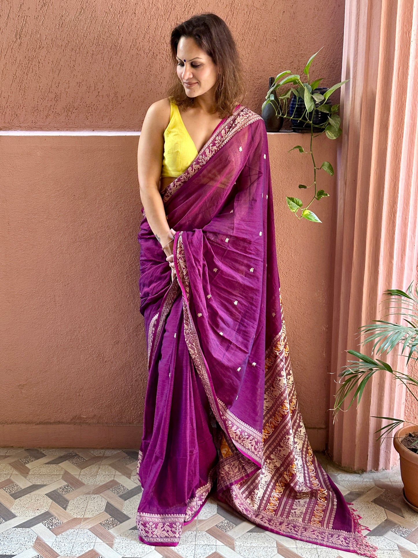 Magenta Pure Cotton Baluchari Saree with Weaving