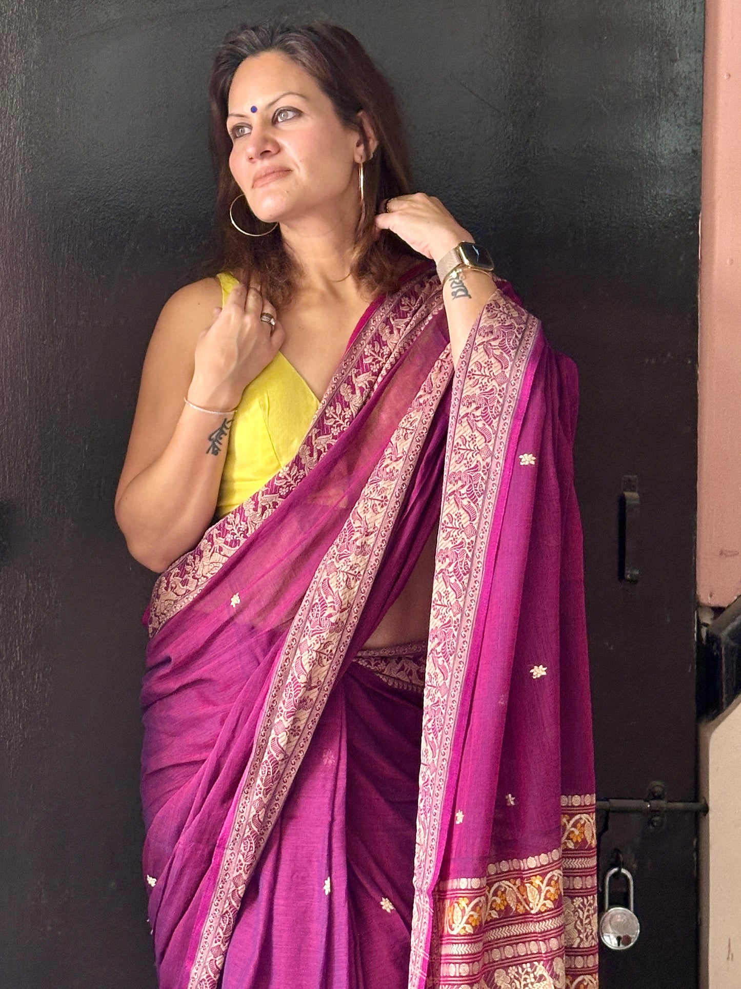 Magenta Pure Cotton Baluchari Saree with Weaving