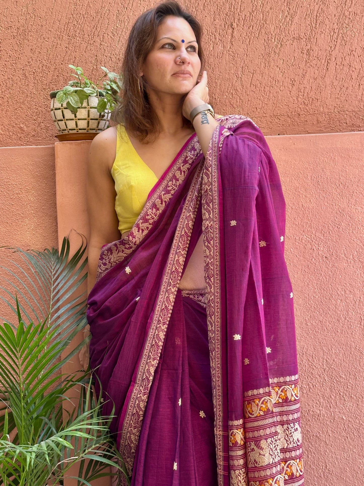 Magenta Pure Cotton Baluchari Saree with Weaving
