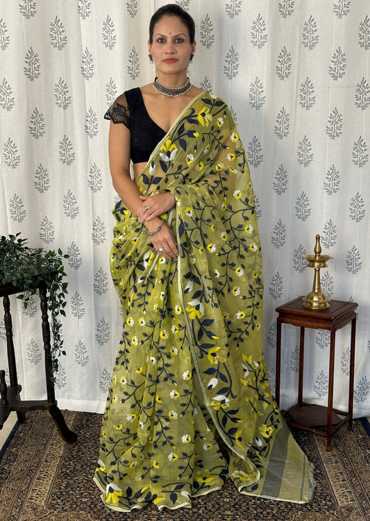 Yellowish Green Cotton Silk Jamdani Saree with Blue & Yellow Floral Design & Zari Work