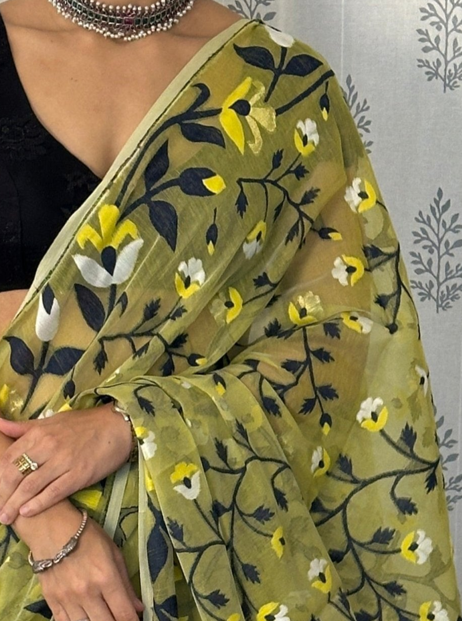 Yellowish Green Cotton Silk Jamdani Saree with Blue & Yellow Floral Design & Zari Work