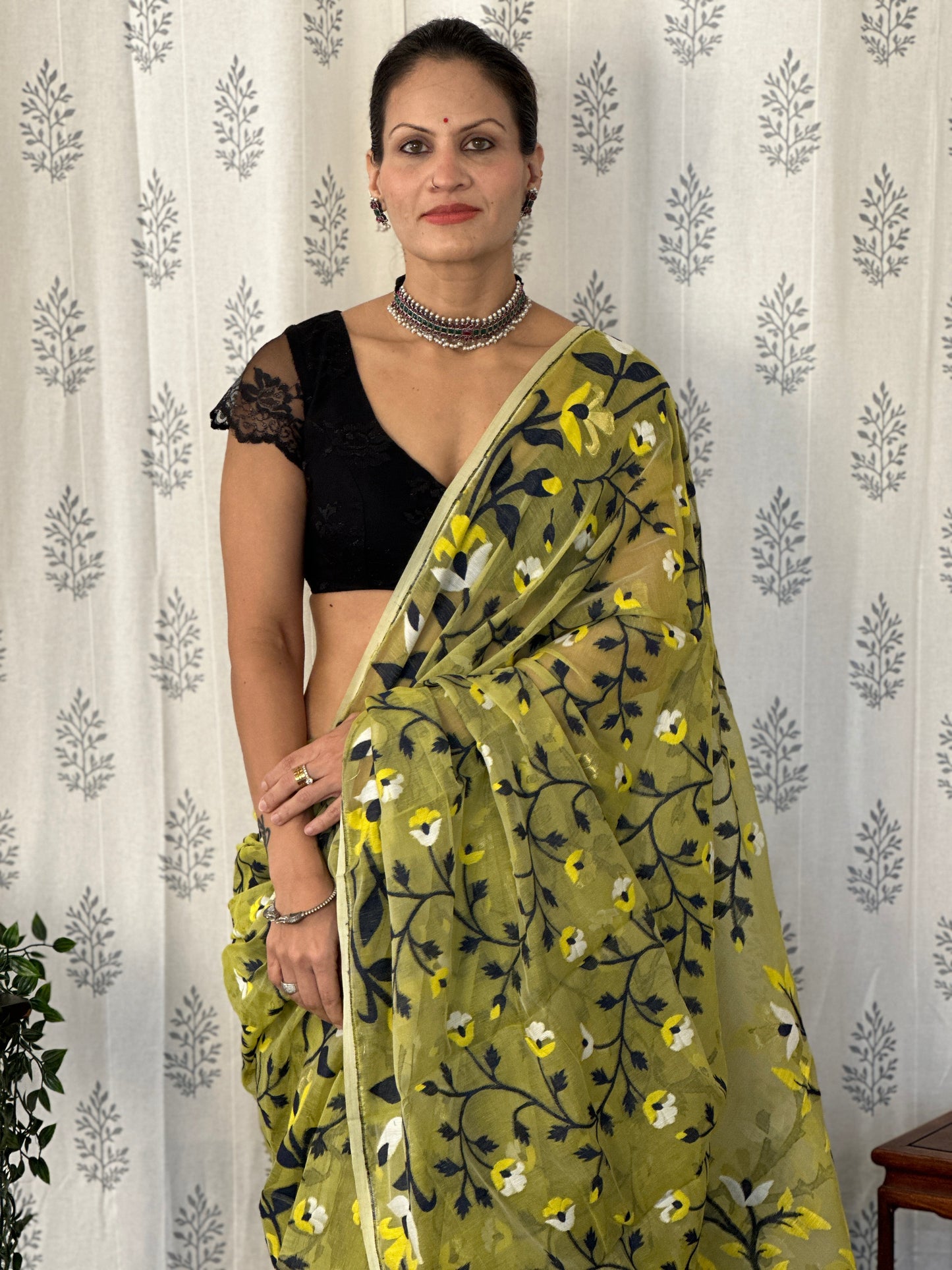 Yellowish Green Cotton Silk Jamdani Saree with Blue & Yellow Floral Design & Zari Work