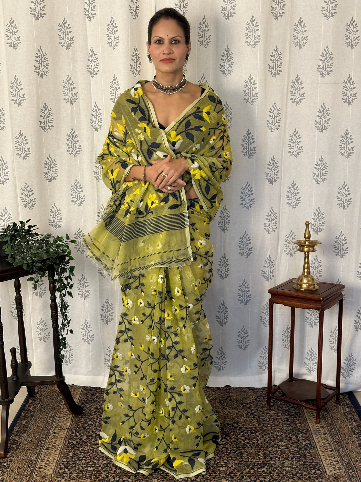 Yellowish Green Cotton Silk Jamdani Saree with Blue & Yellow Floral Design & Zari Work