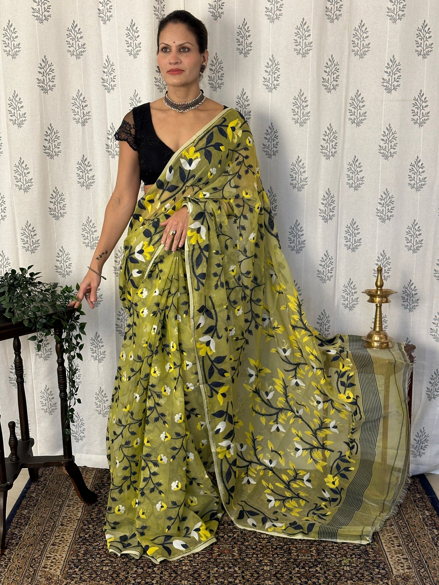 Yellowish Green Cotton Silk Jamdani Saree with Blue & Yellow Floral Design & Zari Work
