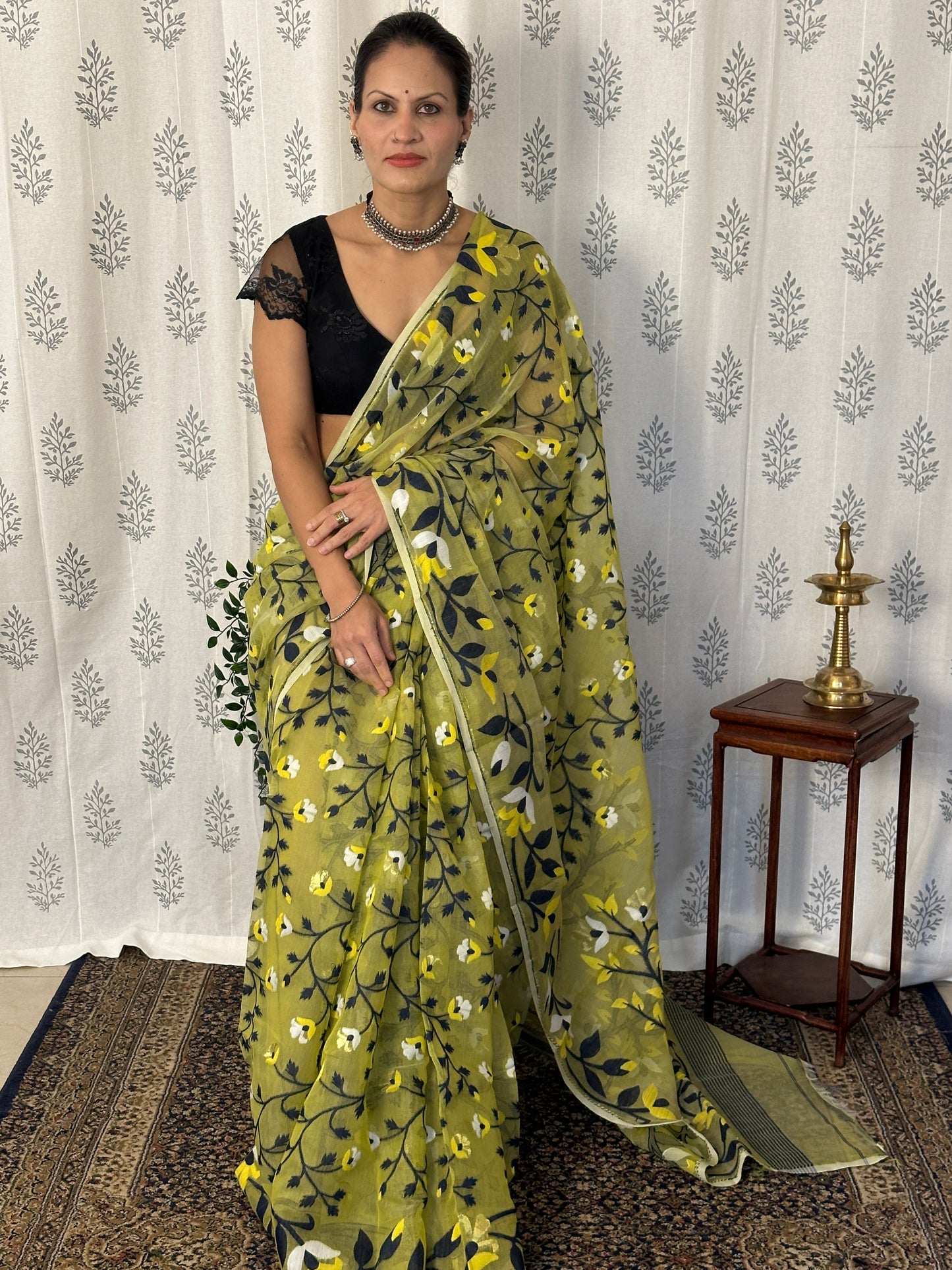 Yellowish Green Cotton Silk Jamdani Saree with Blue & Yellow Floral Design & Zari Work