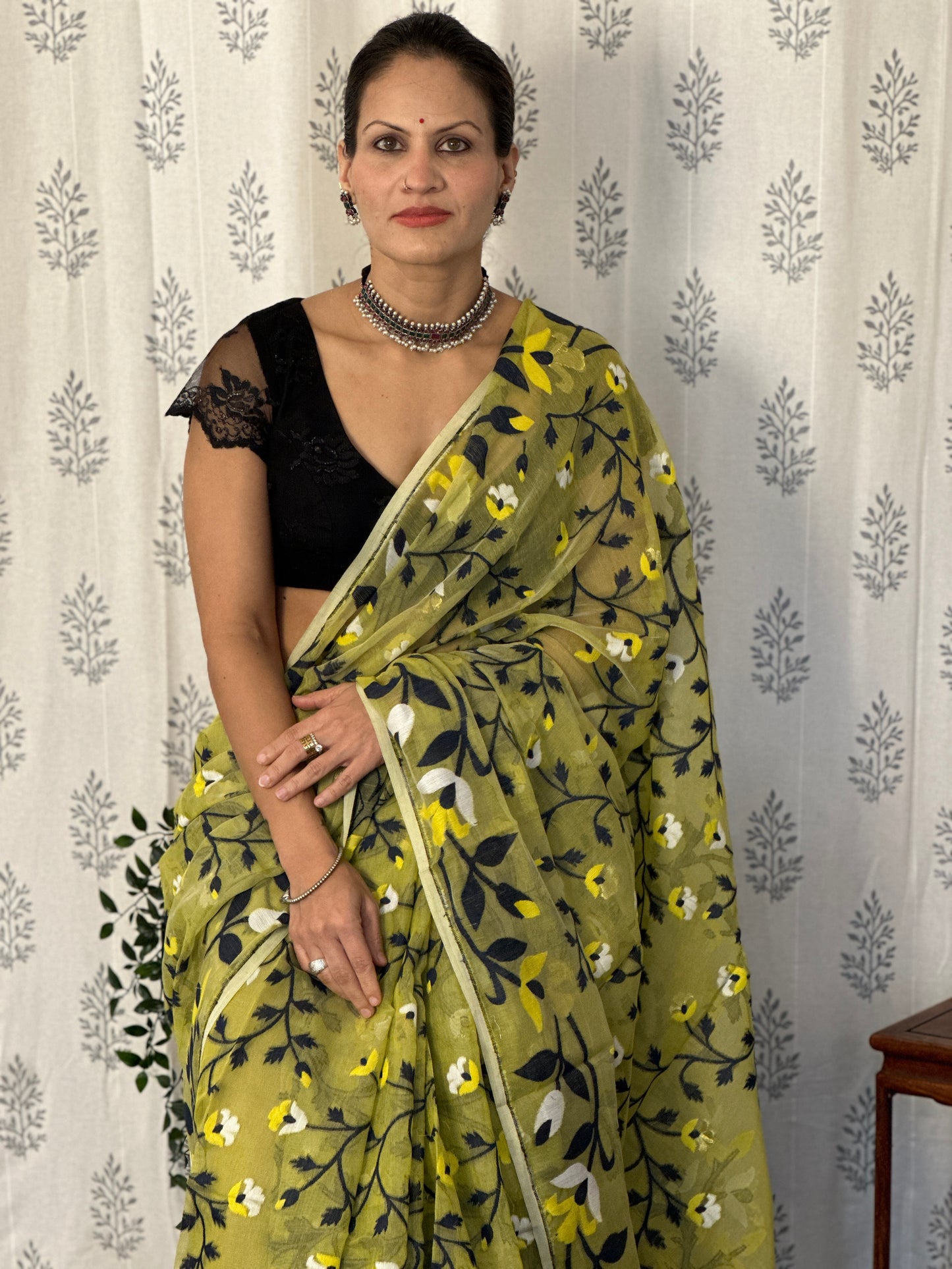 Yellowish Green Cotton Silk Jamdani Saree with Blue & Yellow Floral Design & Zari Work