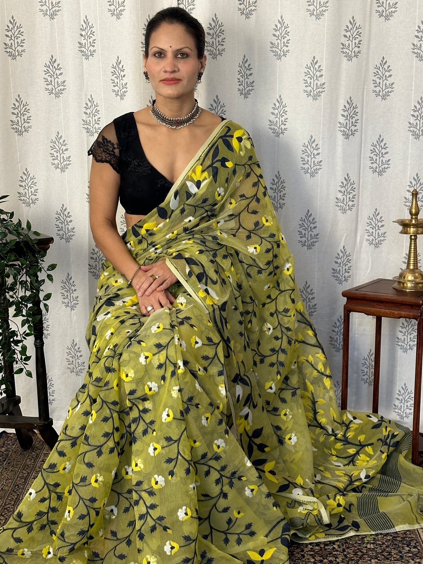 Yellowish Green Cotton Silk Jamdani Saree with Blue & Yellow Floral Design & Zari Work