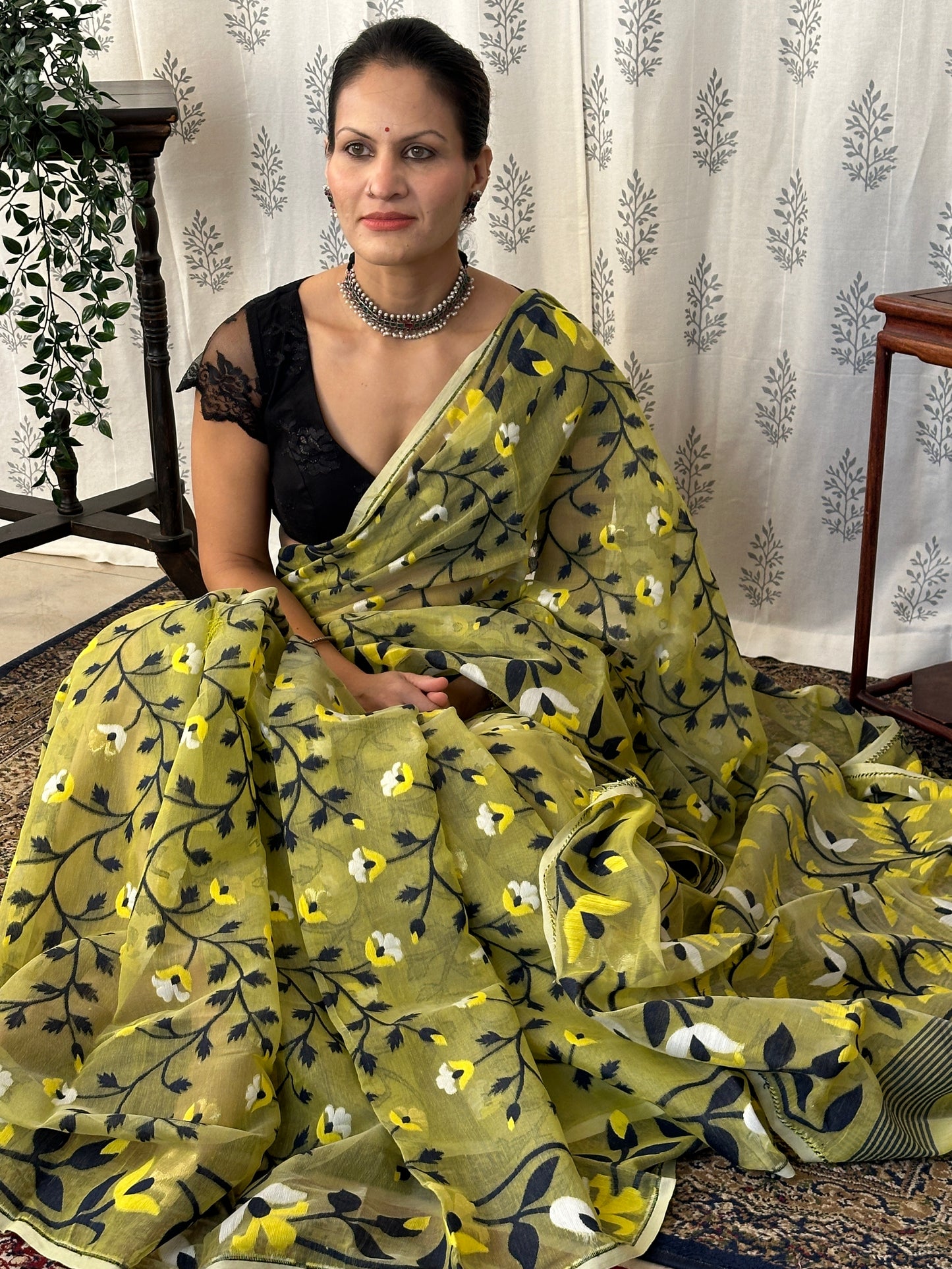 Yellowish Green Cotton Silk Jamdani Saree with Blue & Yellow Floral Design & Zari Work