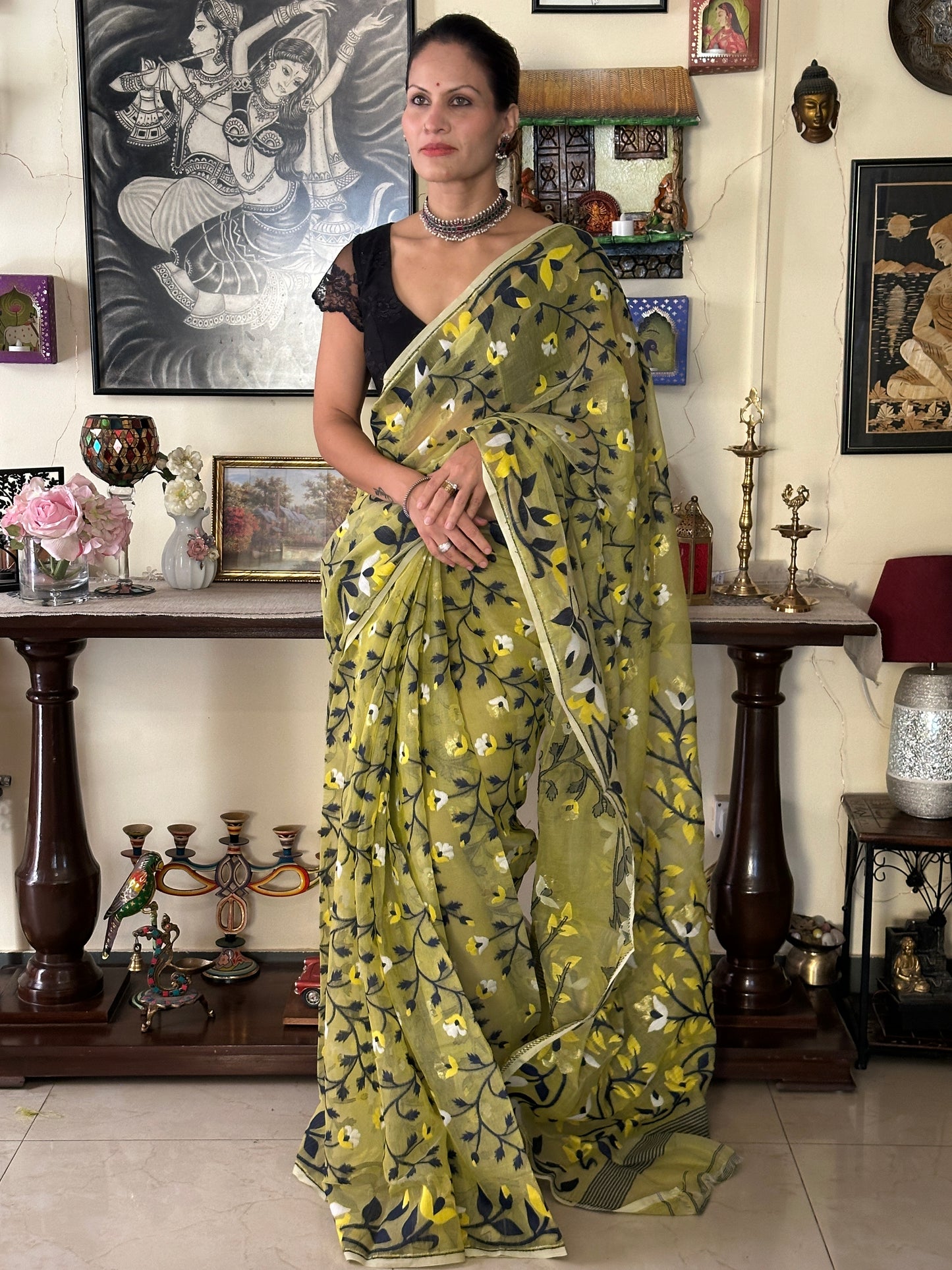 Yellowish Green Cotton Silk Jamdani Saree with Blue & Yellow Floral Design & Zari Work