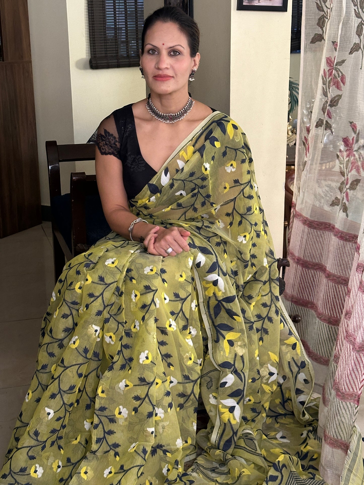 Yellowish Green Cotton Silk Jamdani Saree with Blue & Yellow Floral Design & Zari Work
