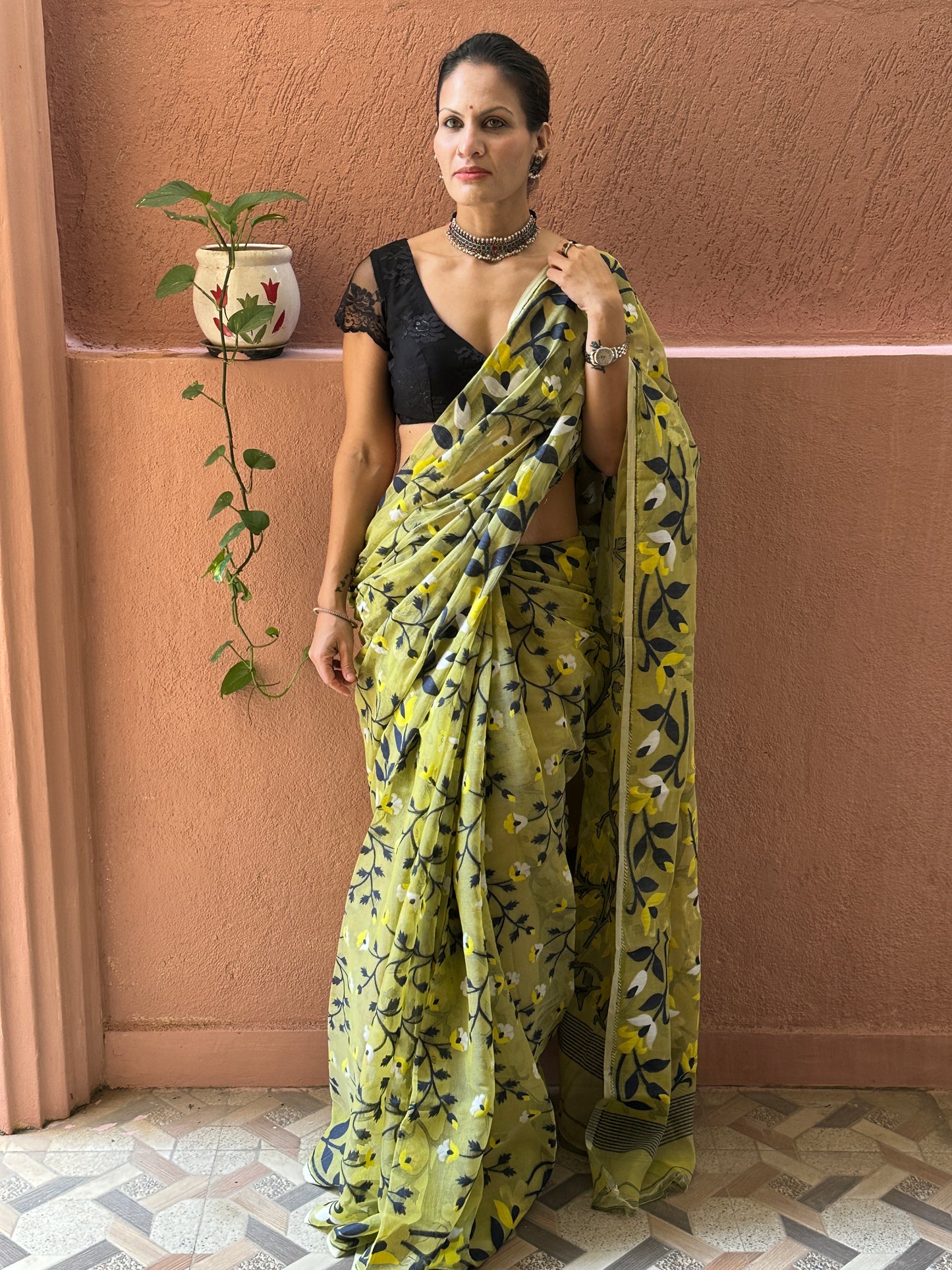 Yellowish Green Cotton Silk Jamdani Saree with Blue & Yellow Floral Design & Zari Work
