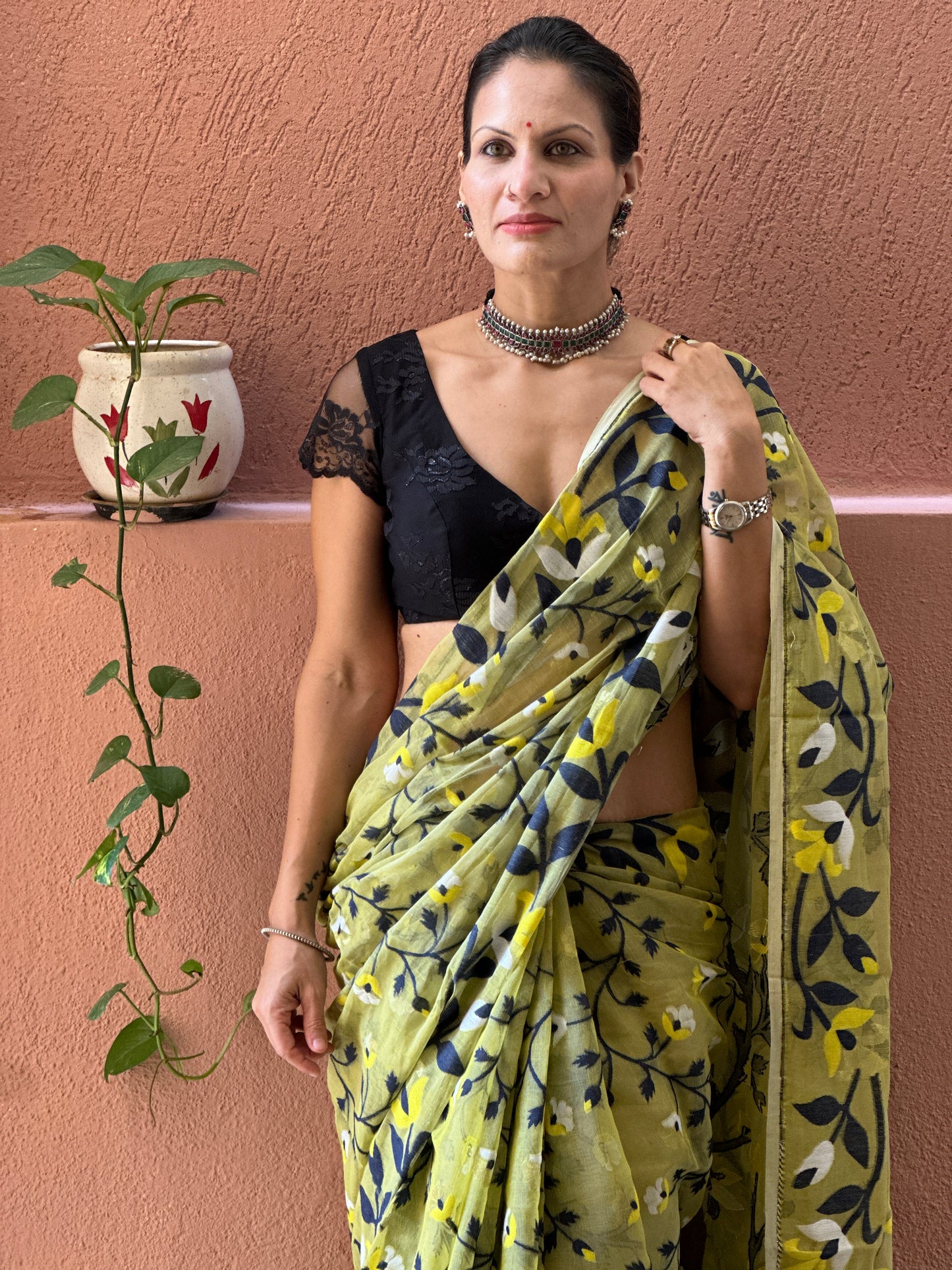 Yellowish Green Cotton Silk Jamdani Saree with Blue & Yellow Floral Design & Zari Work