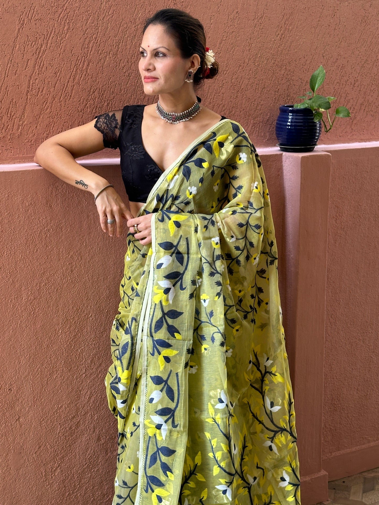 Yellowish Green Cotton Silk Jamdani Saree with Blue & Yellow Floral Design & Zari Work