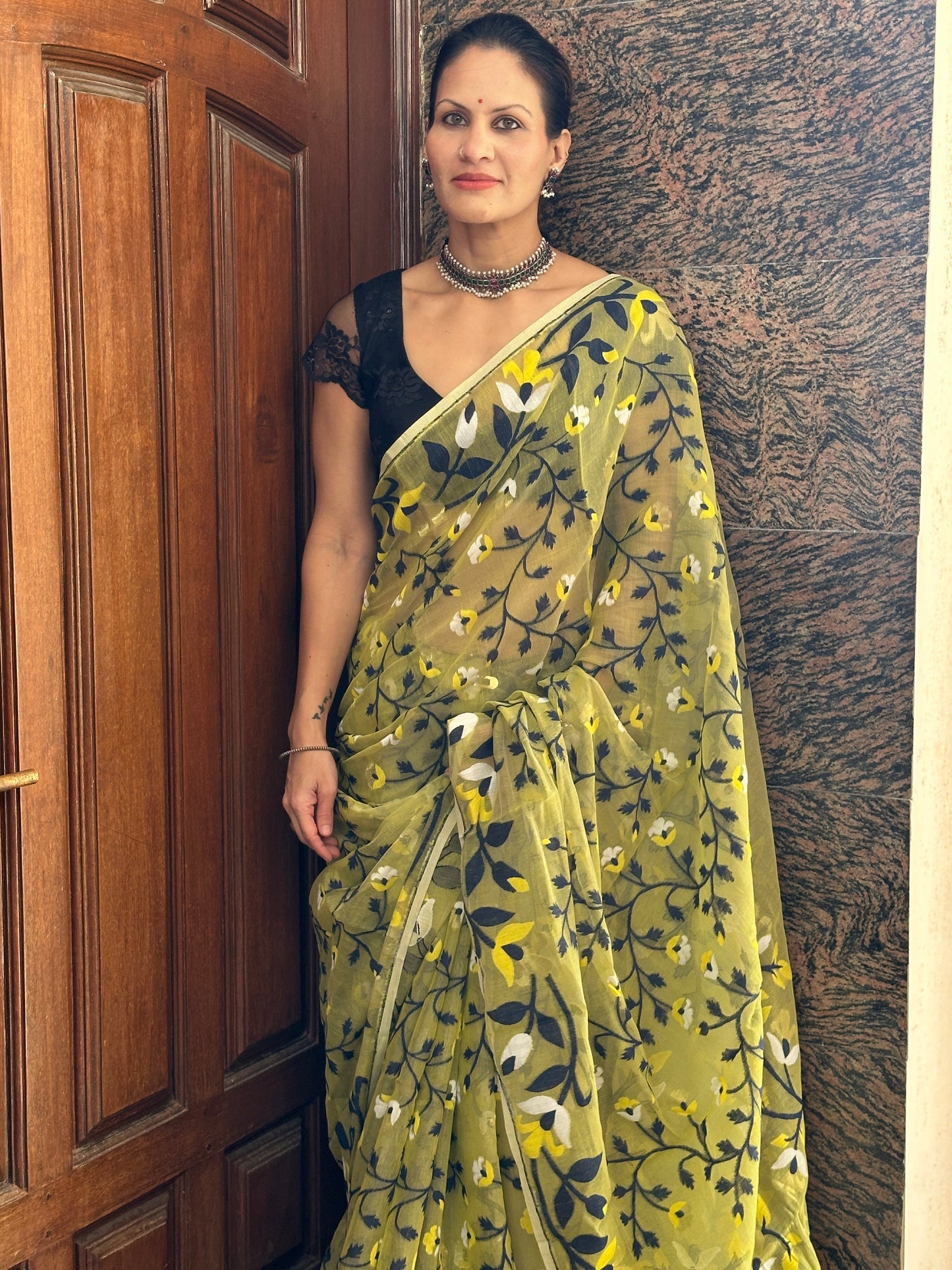 Yellowish Green Cotton Silk Jamdani Saree with Blue & Yellow Floral Design & Zari Work
