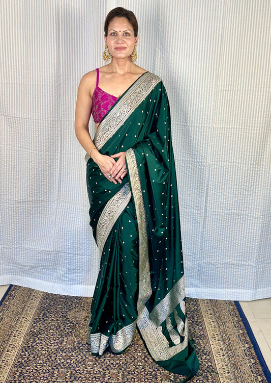 Green Mashru Silk Banarasi Saree with Silver & Gold Zari Work