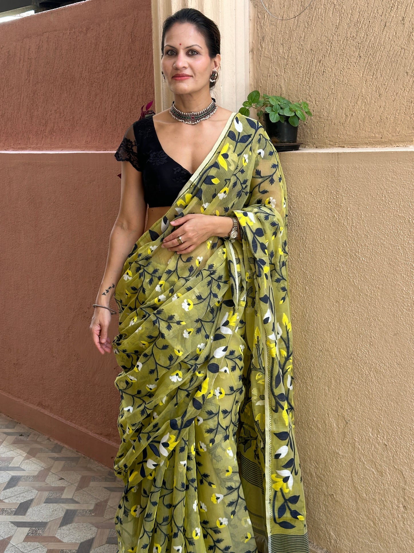 Yellowish Green Cotton Silk Jamdani Saree with Blue & Yellow Floral Design & Zari Work