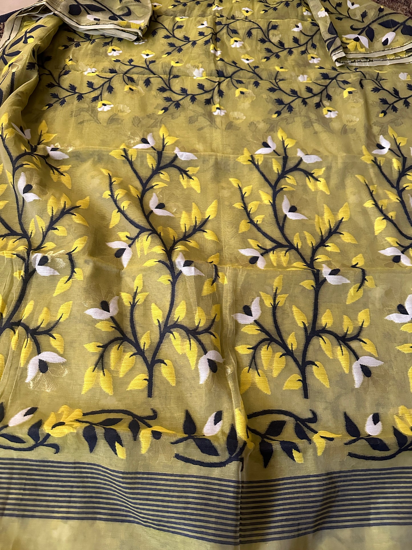 Yellowish Green Cotton Silk Jamdani Saree with Blue & Yellow Floral Design & Zari Work