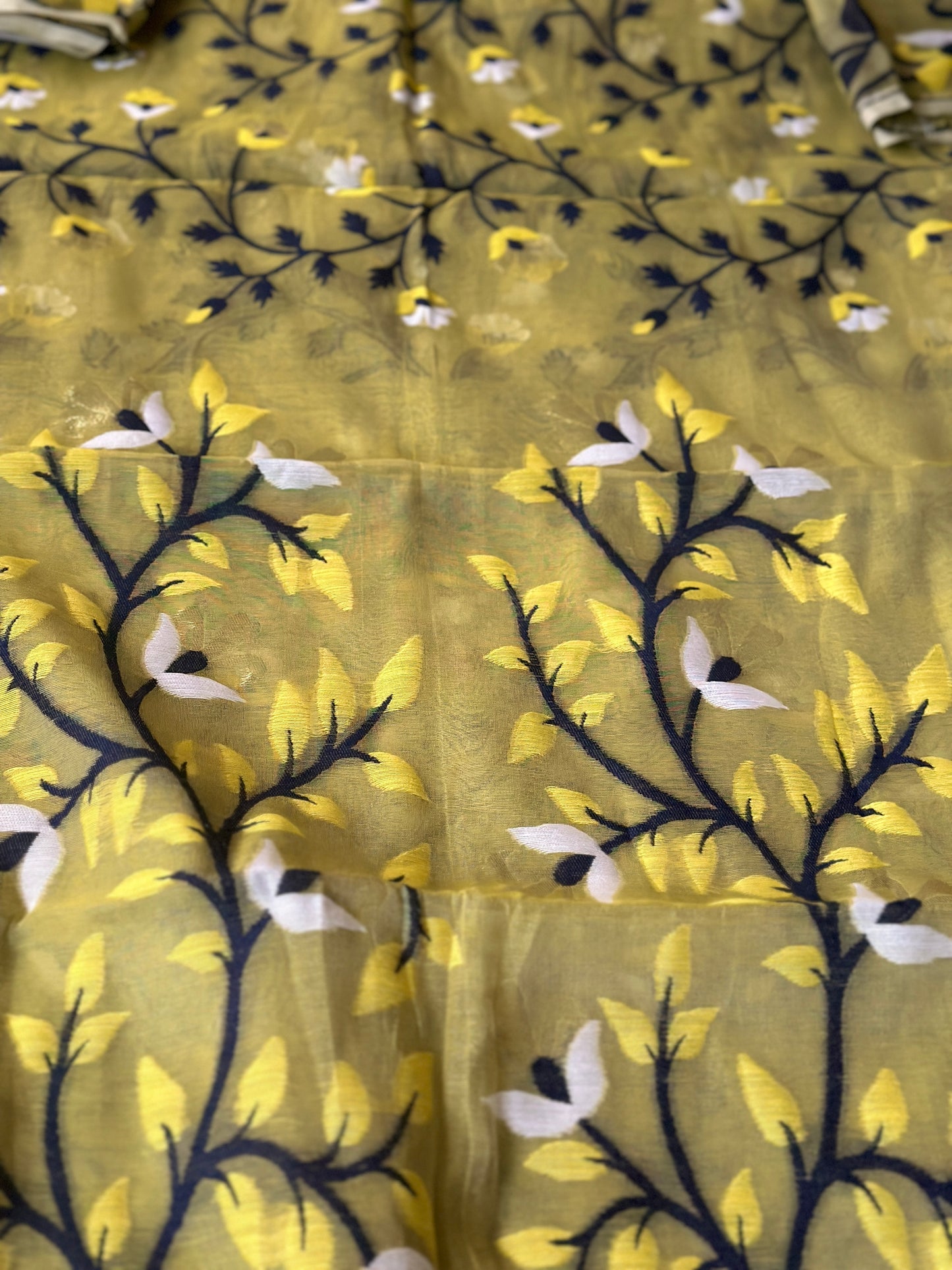 Yellowish Green Cotton Silk Jamdani Saree with Blue & Yellow Floral Design & Zari Work