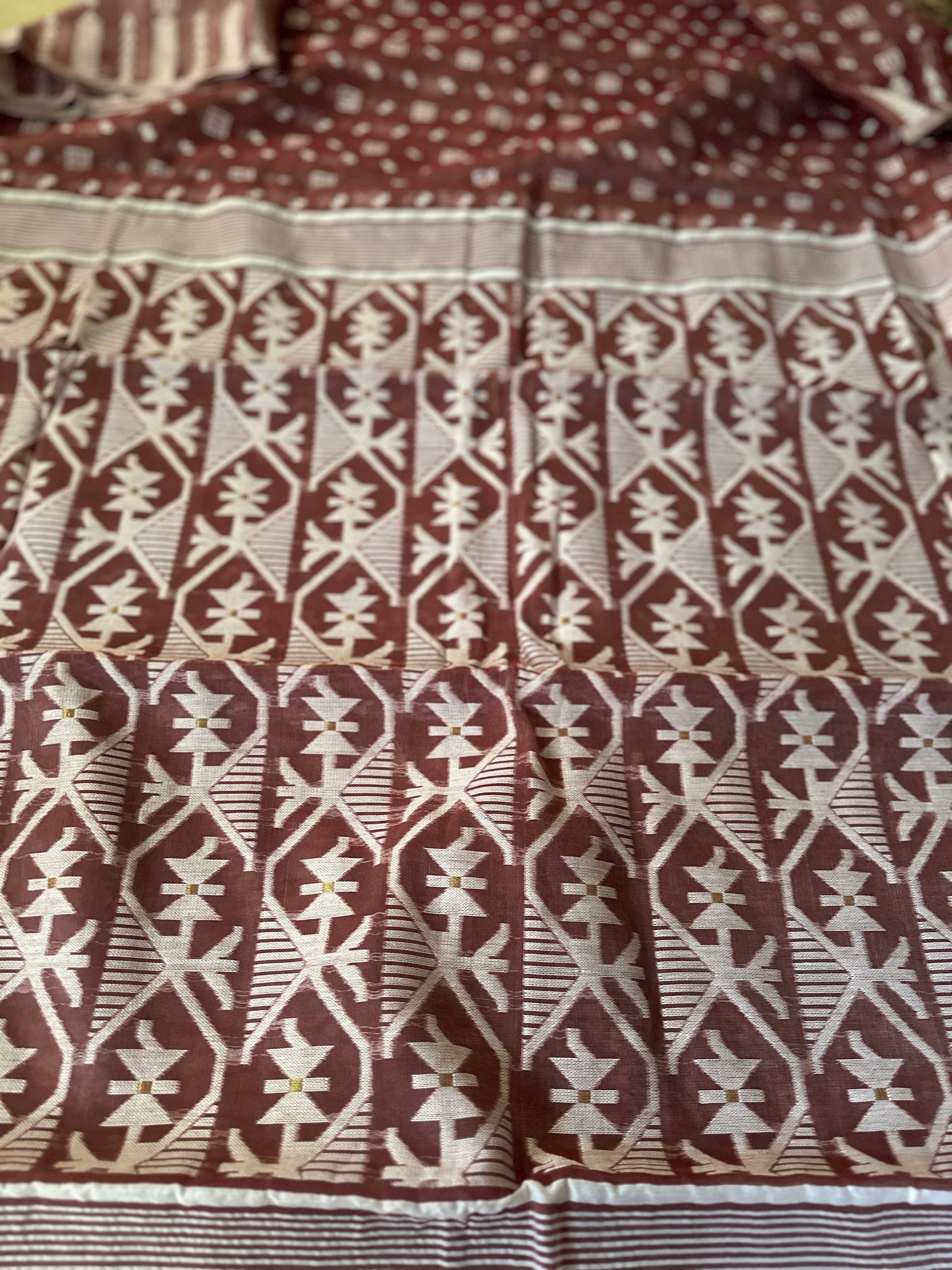 Maroon & White Cotton Silk Jamdani Saree with Woven Design