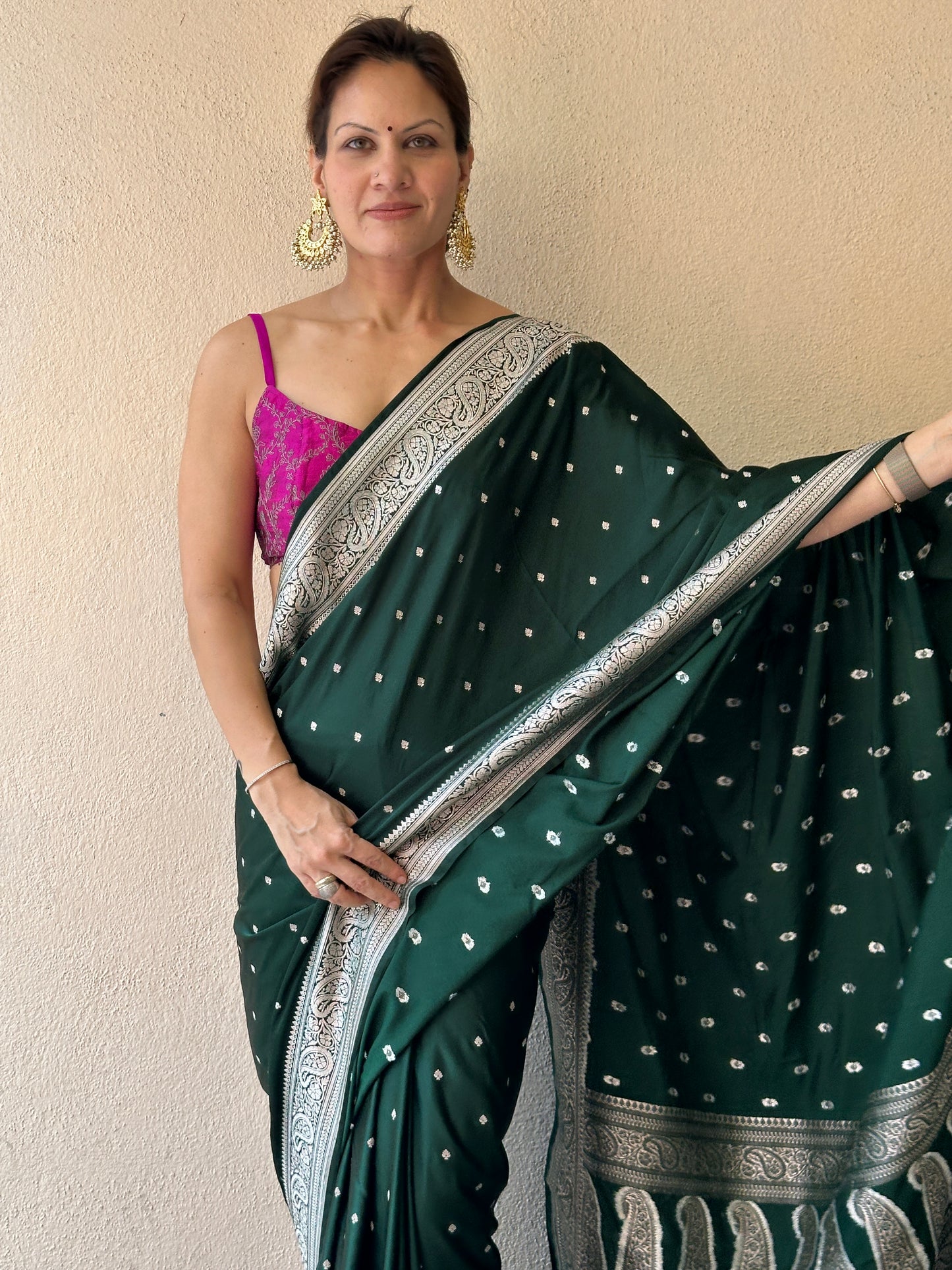 Green Mashru Silk Banarasi Saree with Silver & Gold Zari Work