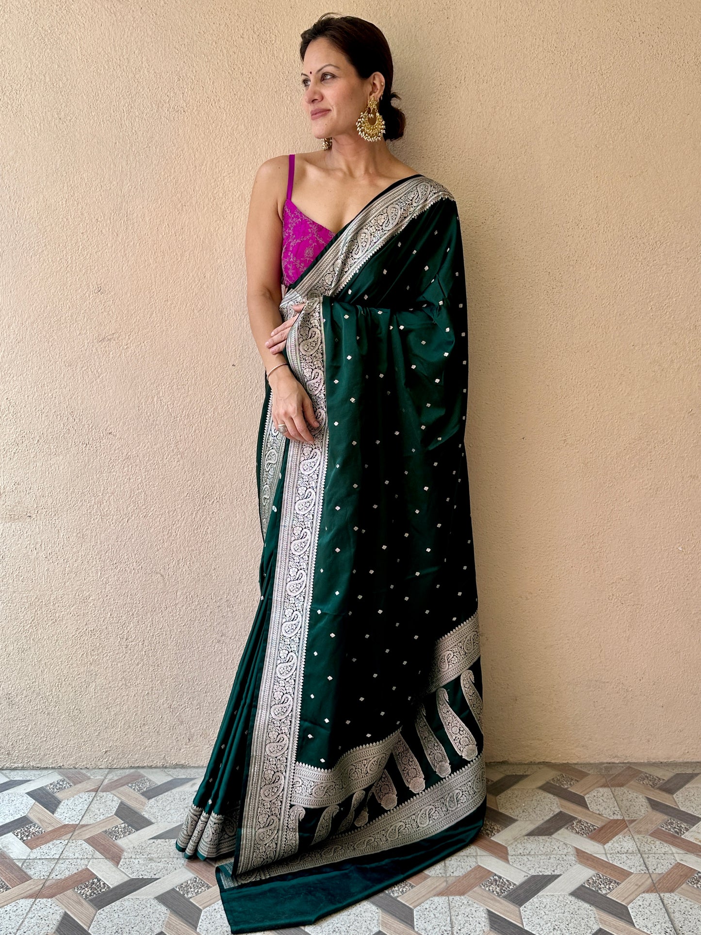 Green Mashru Silk Banarasi Saree with Silver & Gold Zari Work