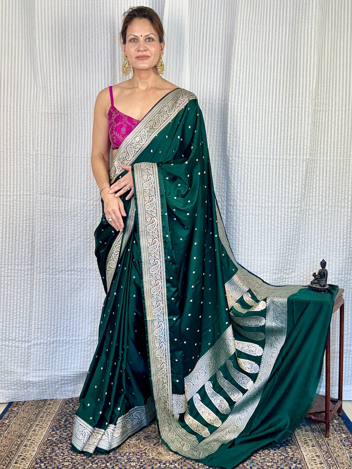 Green Mashru Silk Banarasi Saree with Silver & Gold Zari Work