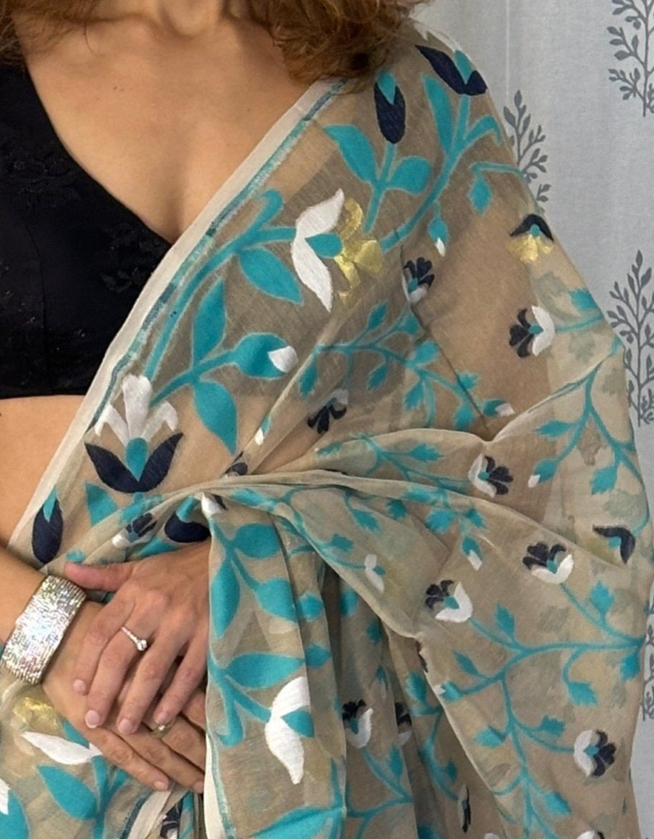 Nude Cotton Silk Jamdani Saree with Blue Floral Design & Zari Work