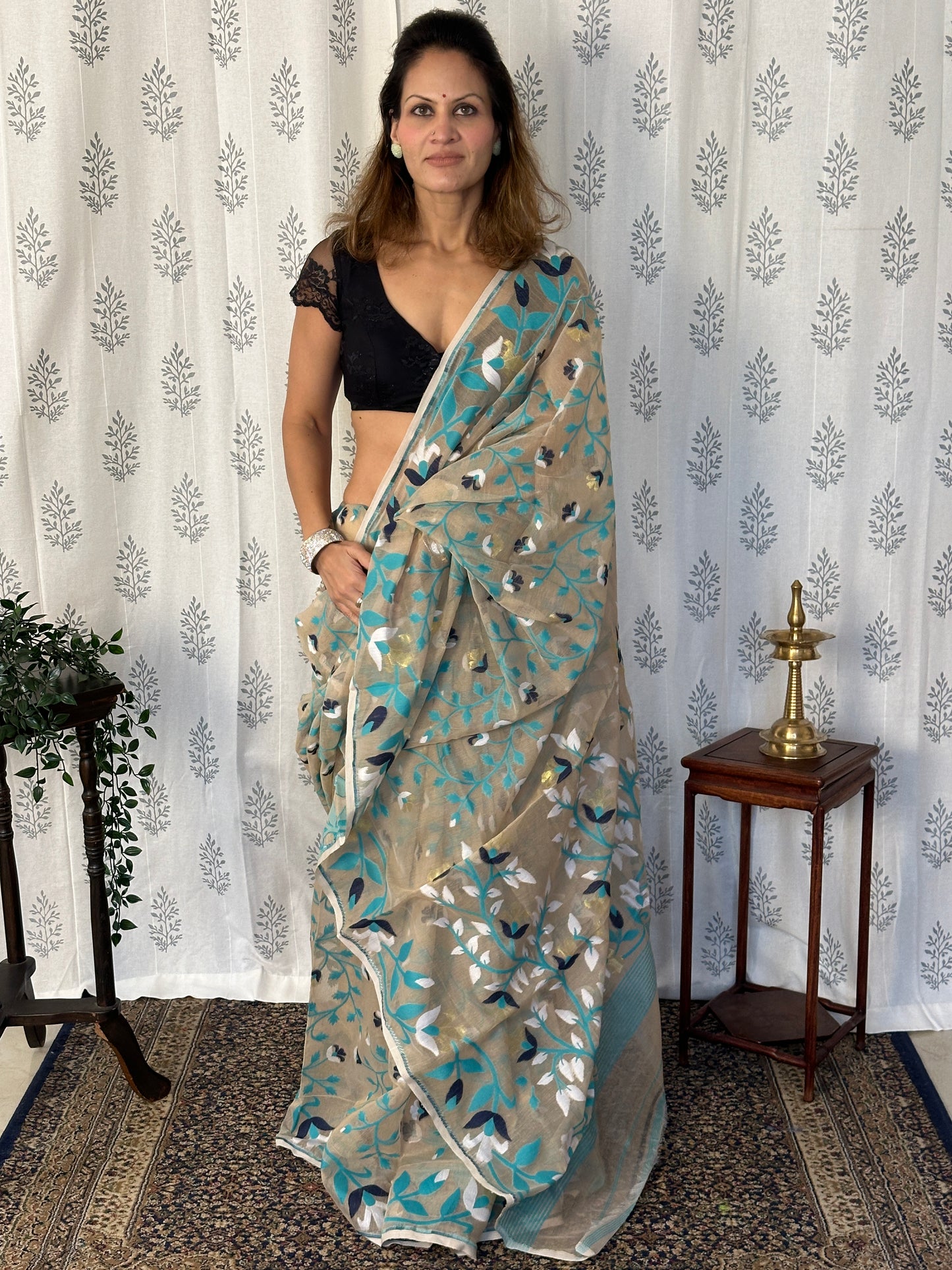 Nude Cotton Silk Jamdani Saree with Blue Floral Design & Zari Work