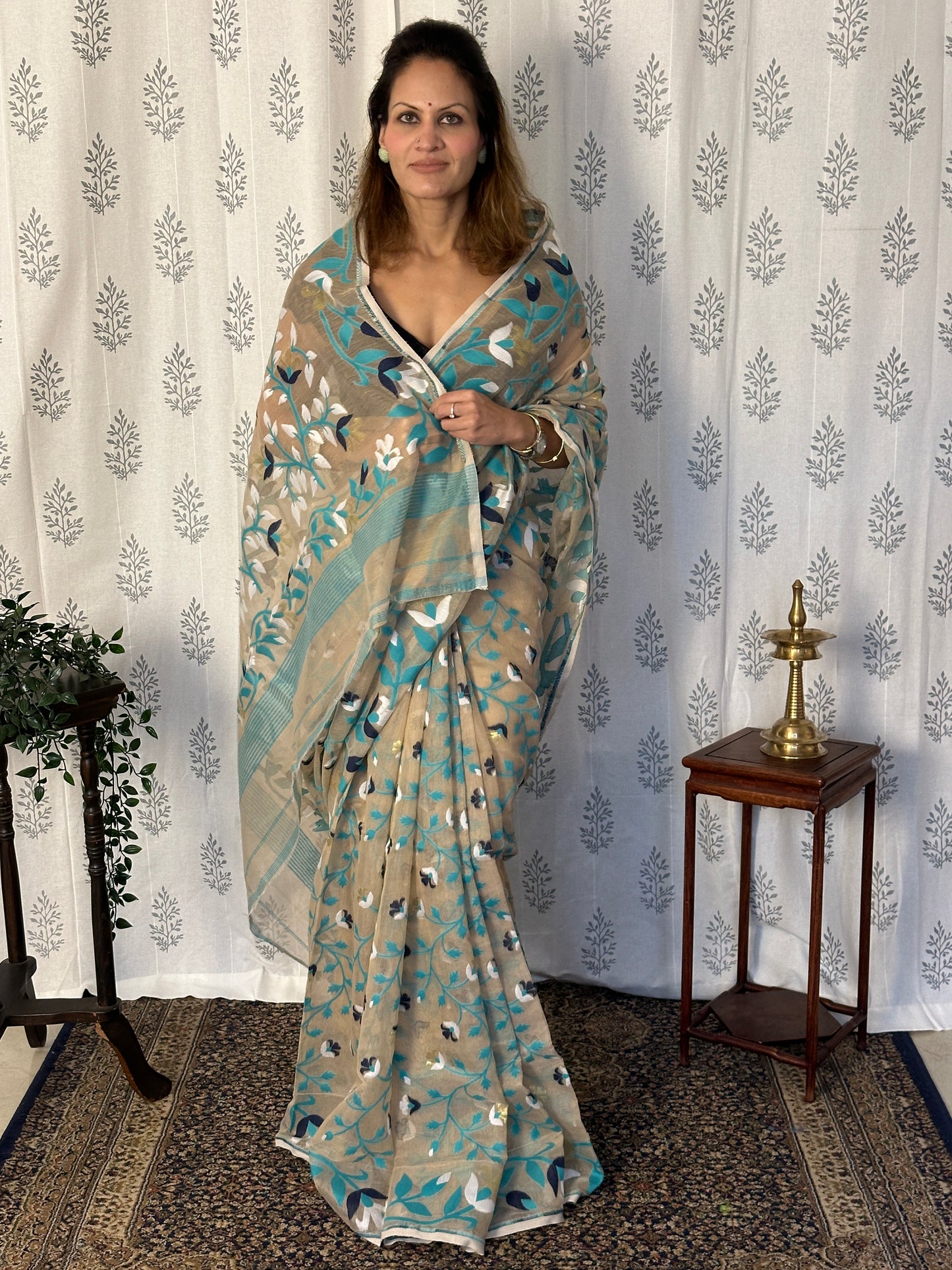 Nude Cotton Silk Jamdani Saree with Blue Floral Design & Zari Work