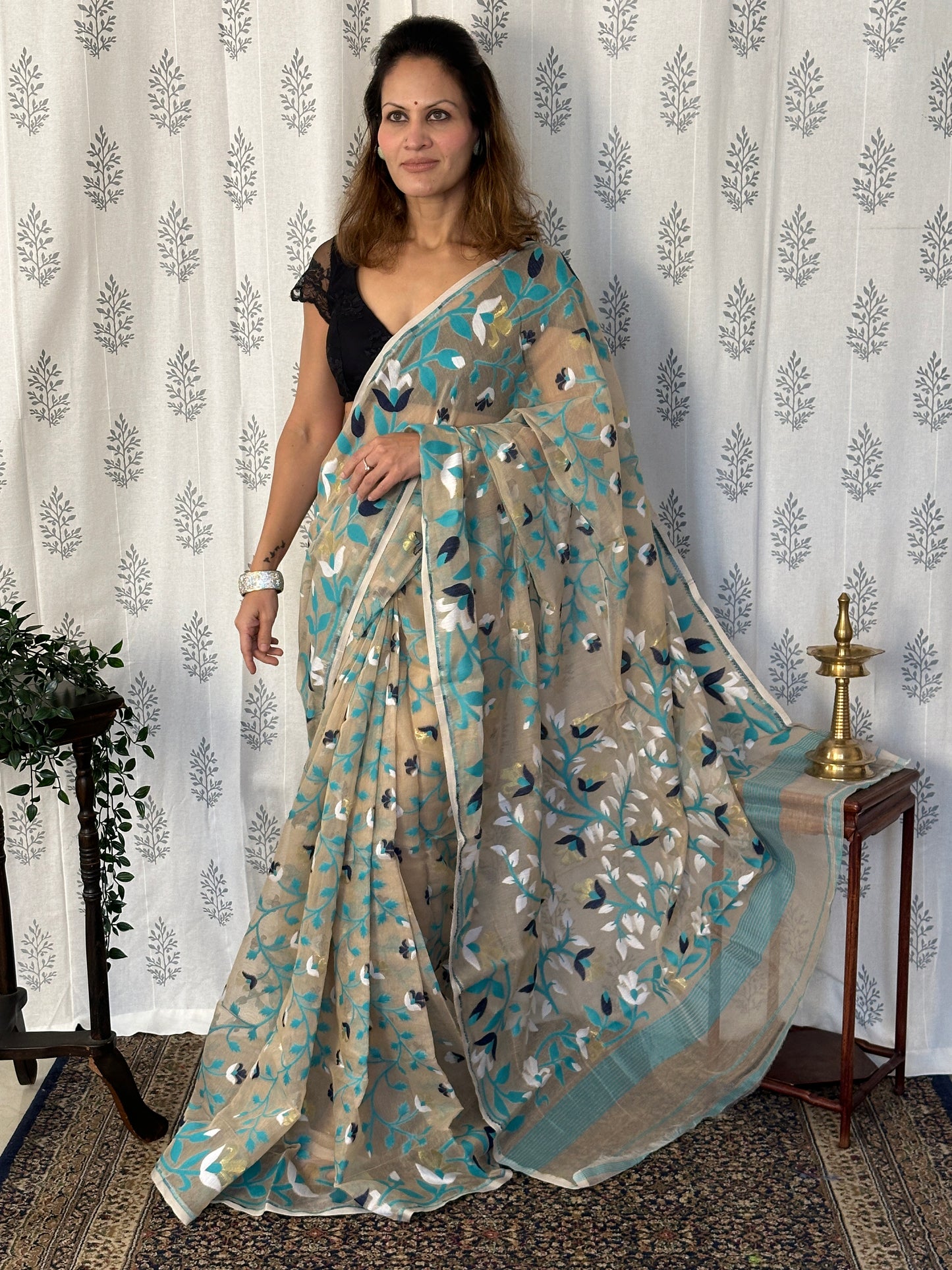 Nude Cotton Silk Jamdani Saree with Blue Floral Design & Zari Work