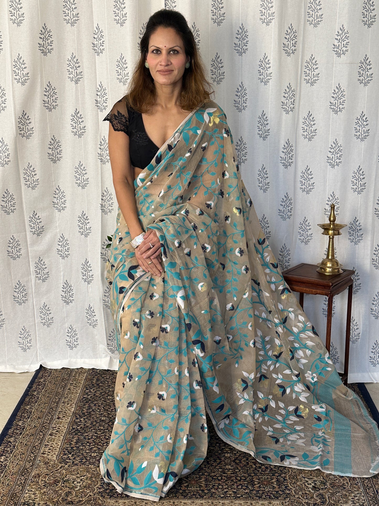 Nude Cotton Silk Jamdani Saree with Blue Floral Design & Zari Work