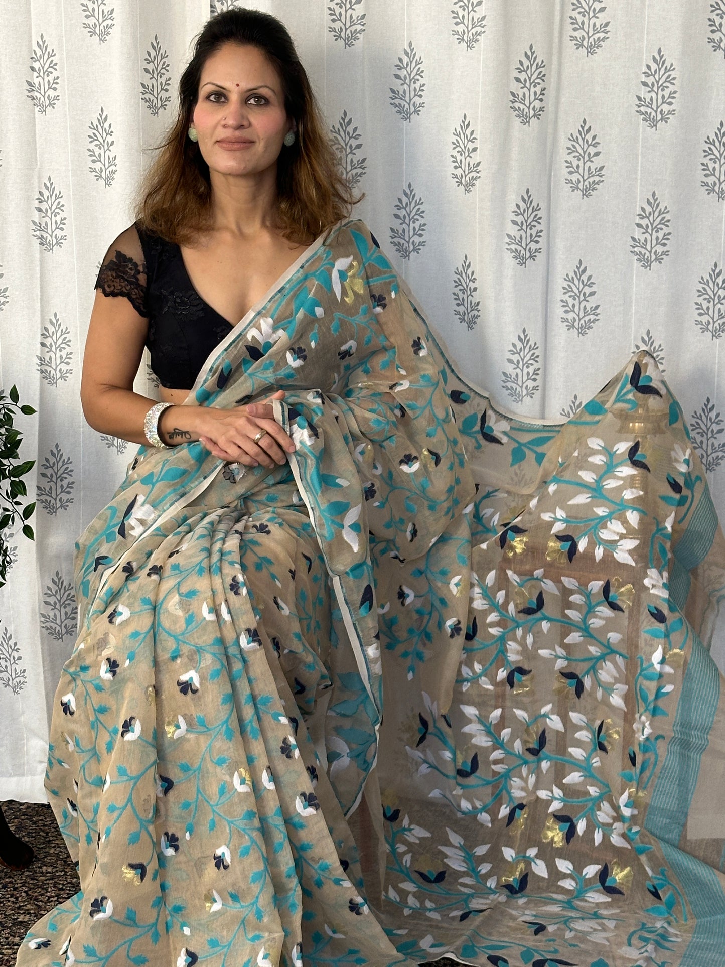 Nude Cotton Silk Jamdani Saree with Blue Floral Design & Zari Work