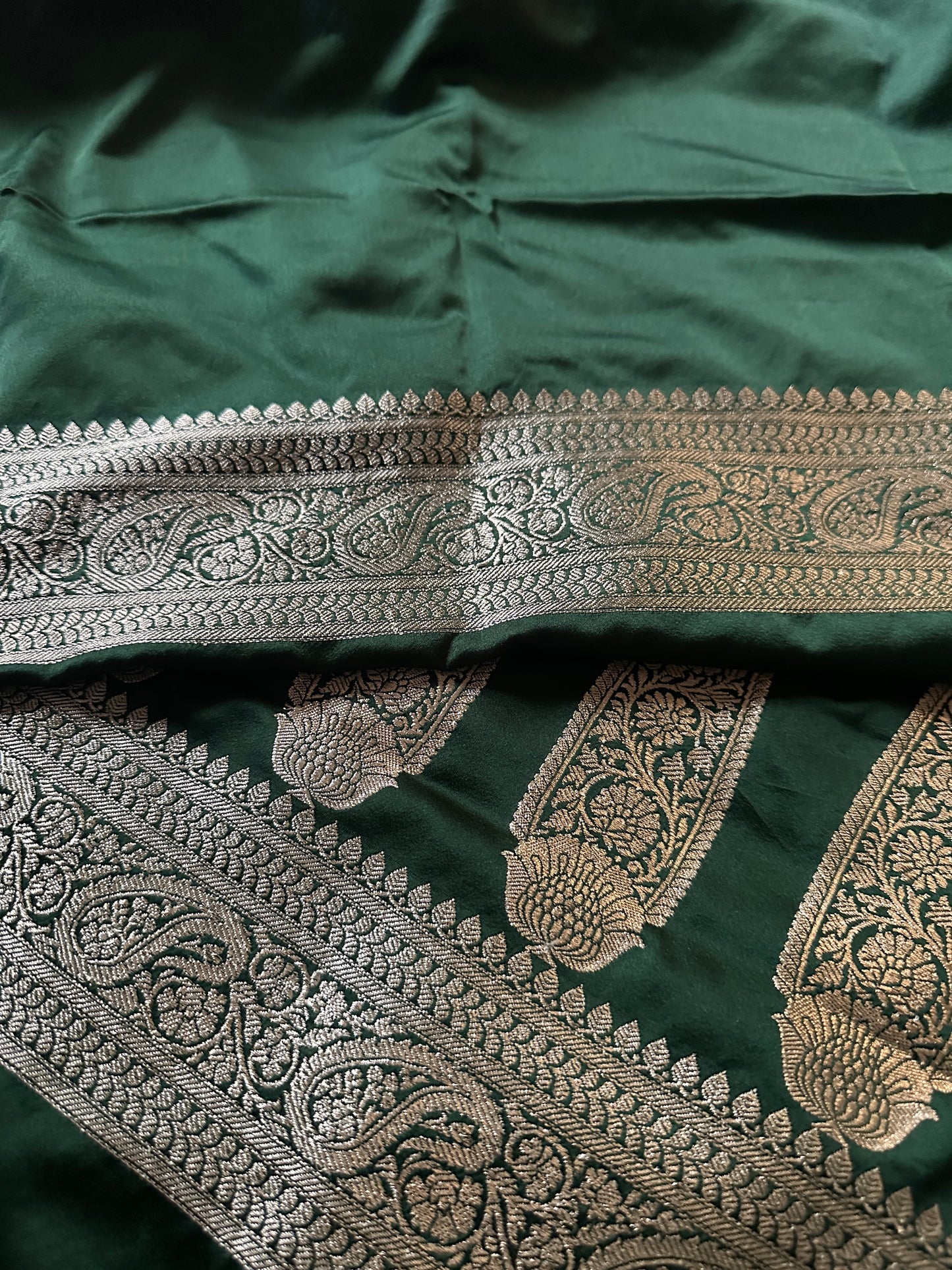Green Mashru Silk Banarasi Saree with Silver & Gold Zari Work