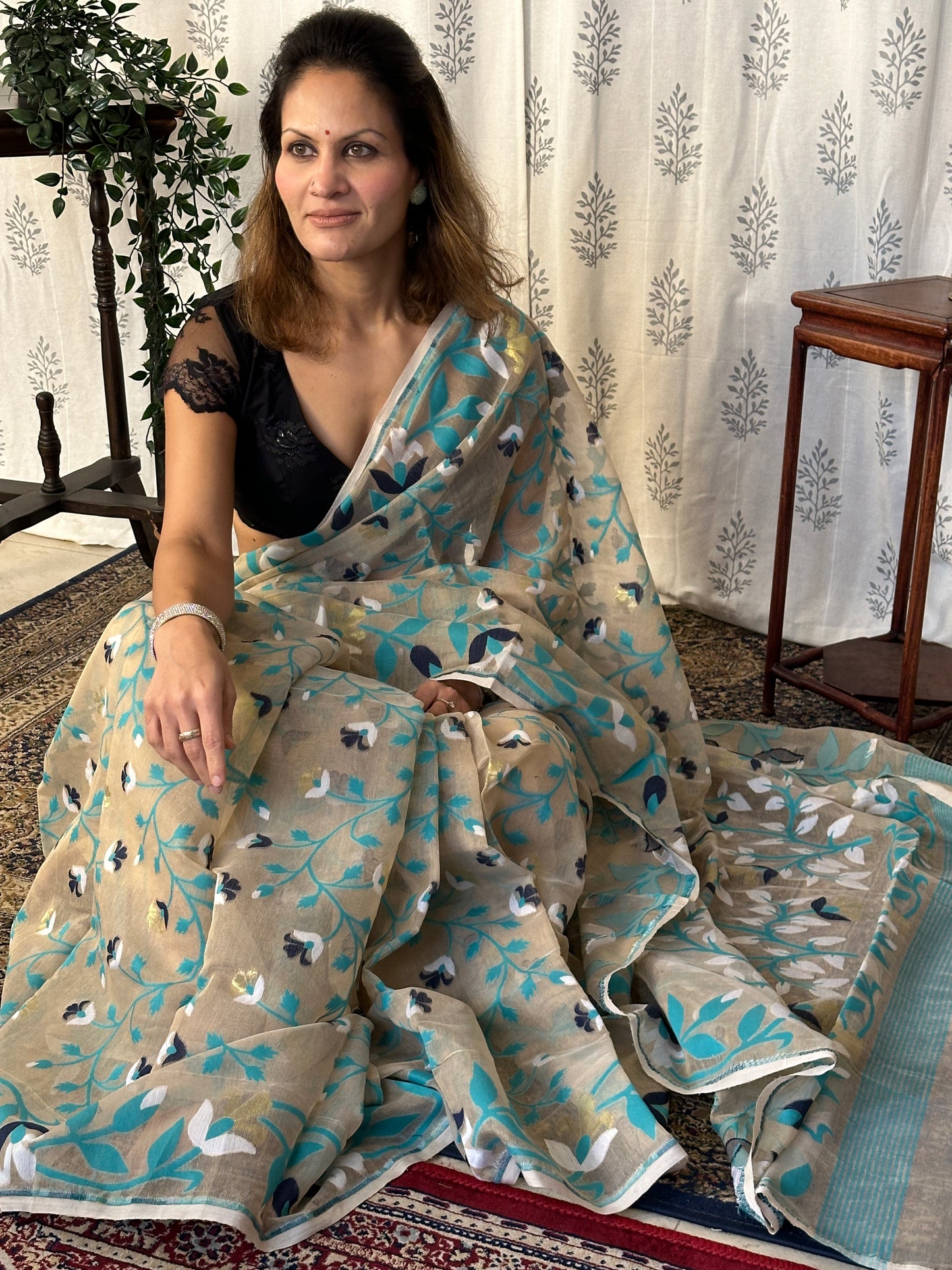 Nude Cotton Silk Jamdani Saree with Blue Floral Design & Zari Work