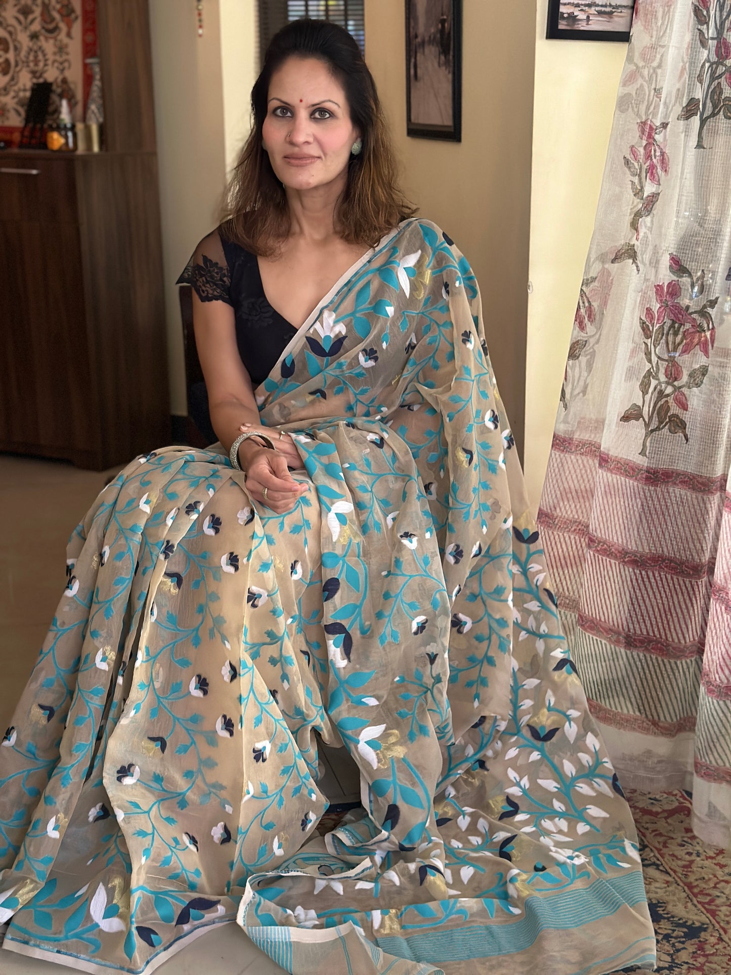 Nude Cotton Silk Jamdani Saree with Blue Floral Design & Zari Work