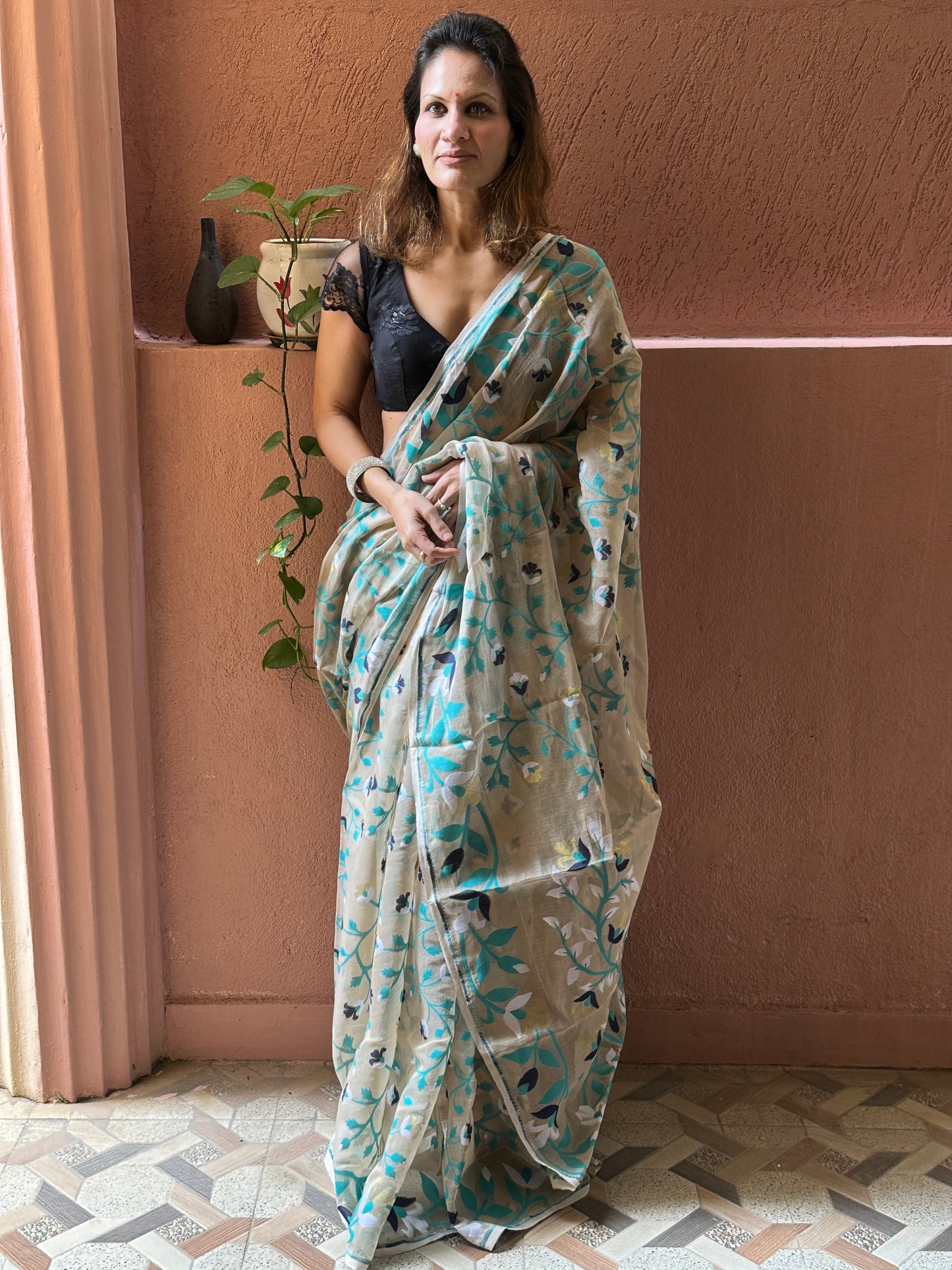 Nude Cotton Silk Jamdani Saree with Blue Floral Design & Zari Work
