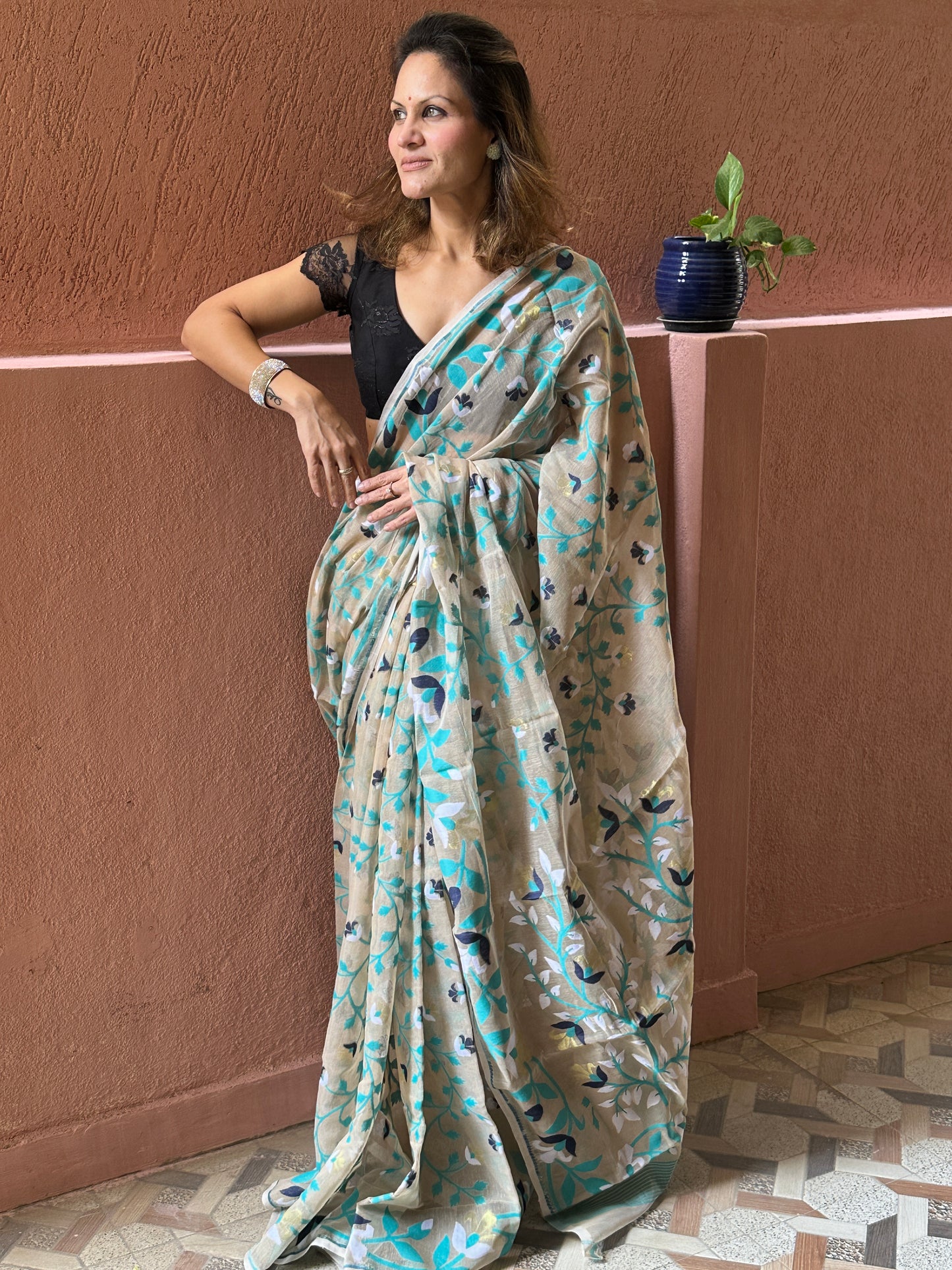 Nude Cotton Silk Jamdani Saree with Blue Floral Design & Zari Work